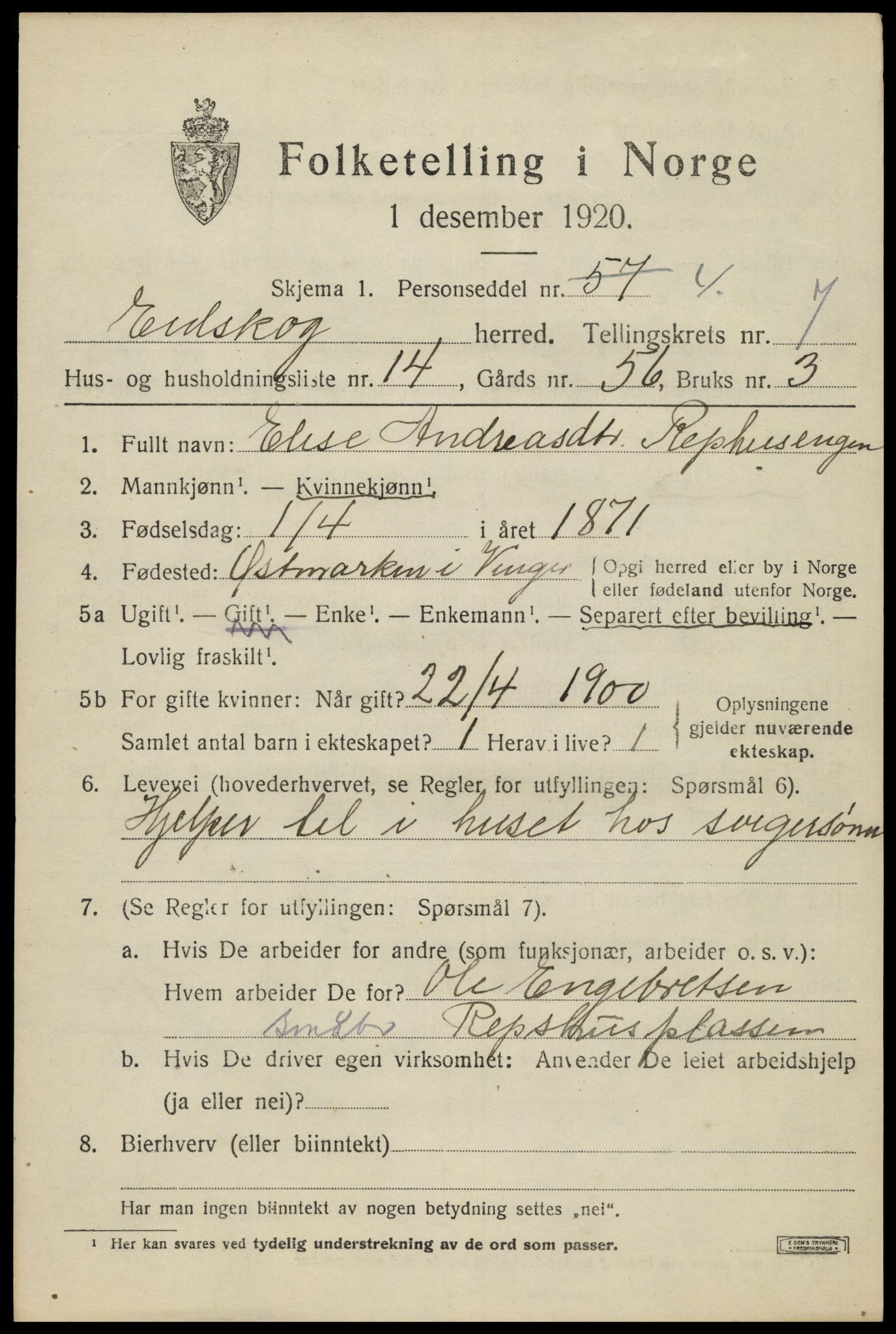 SAH, 1920 census for Eidskog, 1920, p. 8551