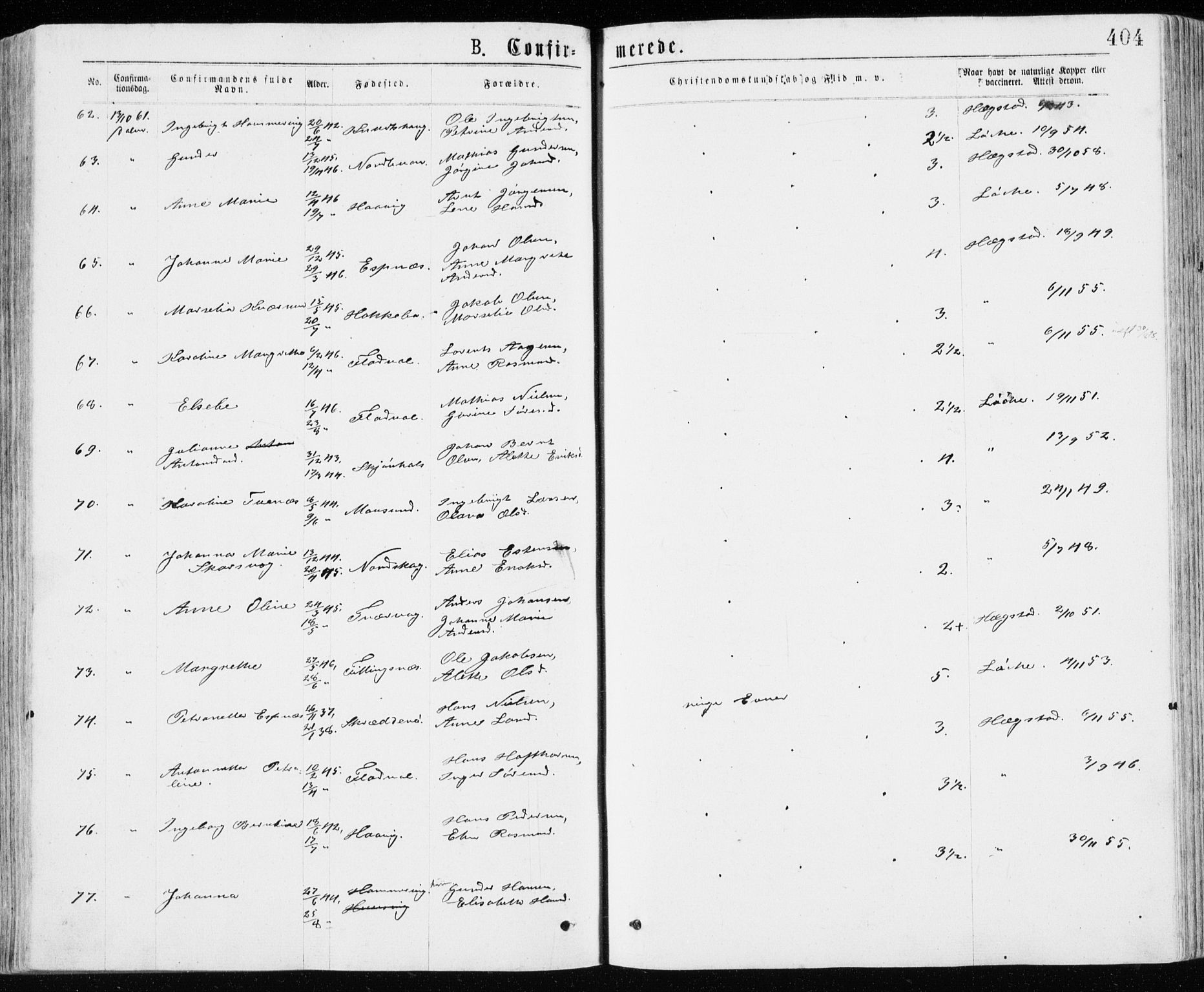 Ministerialprotokoller, klokkerbøker og fødselsregistre - Sør-Trøndelag, SAT/A-1456/640/L0576: Parish register (official) no. 640A01, 1846-1876, p. 404