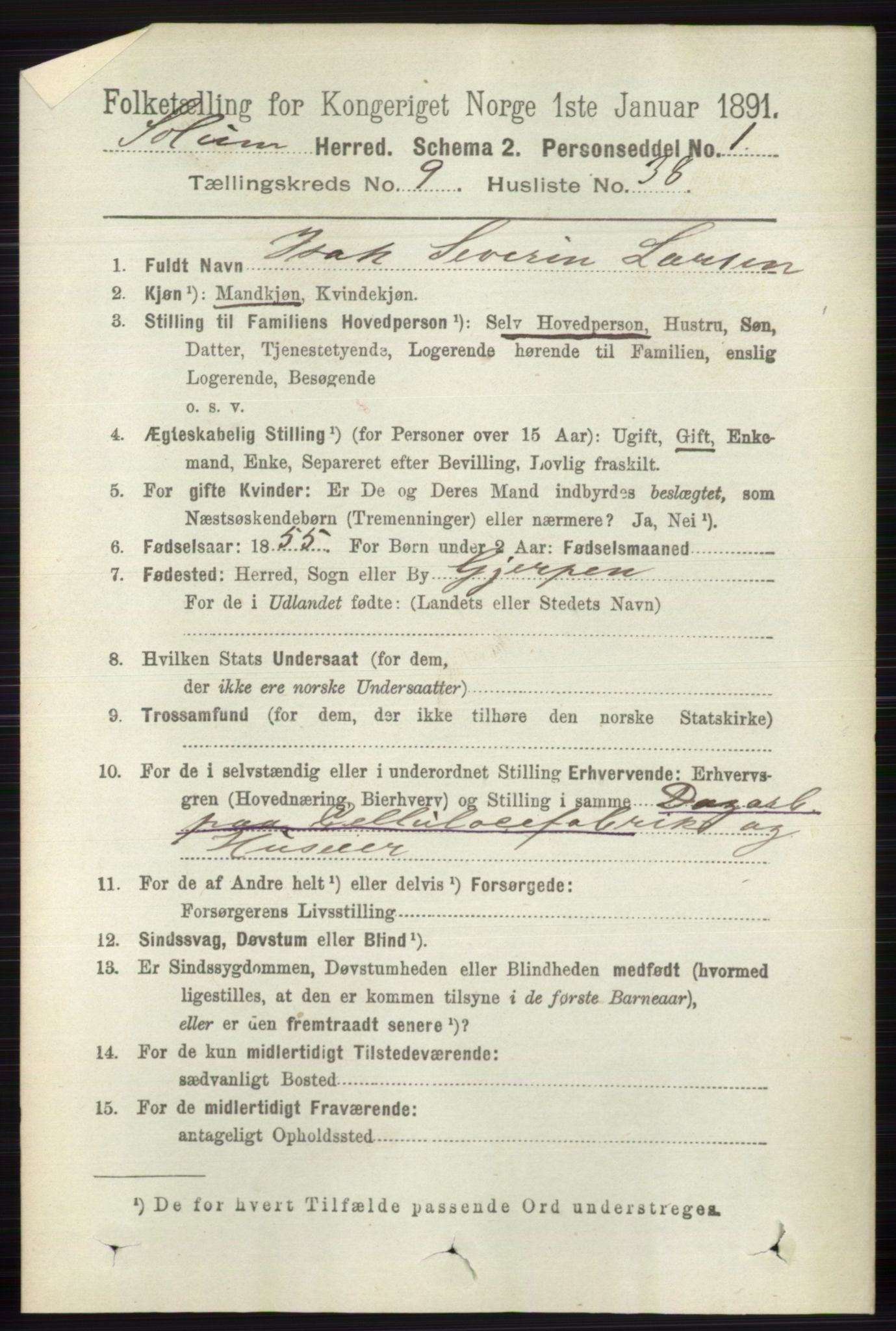 RA, 1891 census for 0818 Solum, 1891, p. 2170