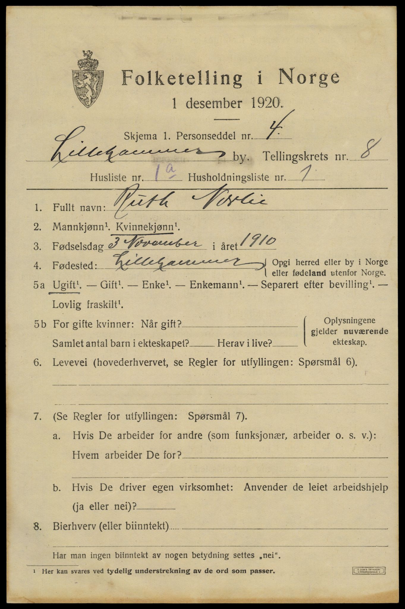 SAH, 1920 census for Lillehammer, 1920, p. 10386