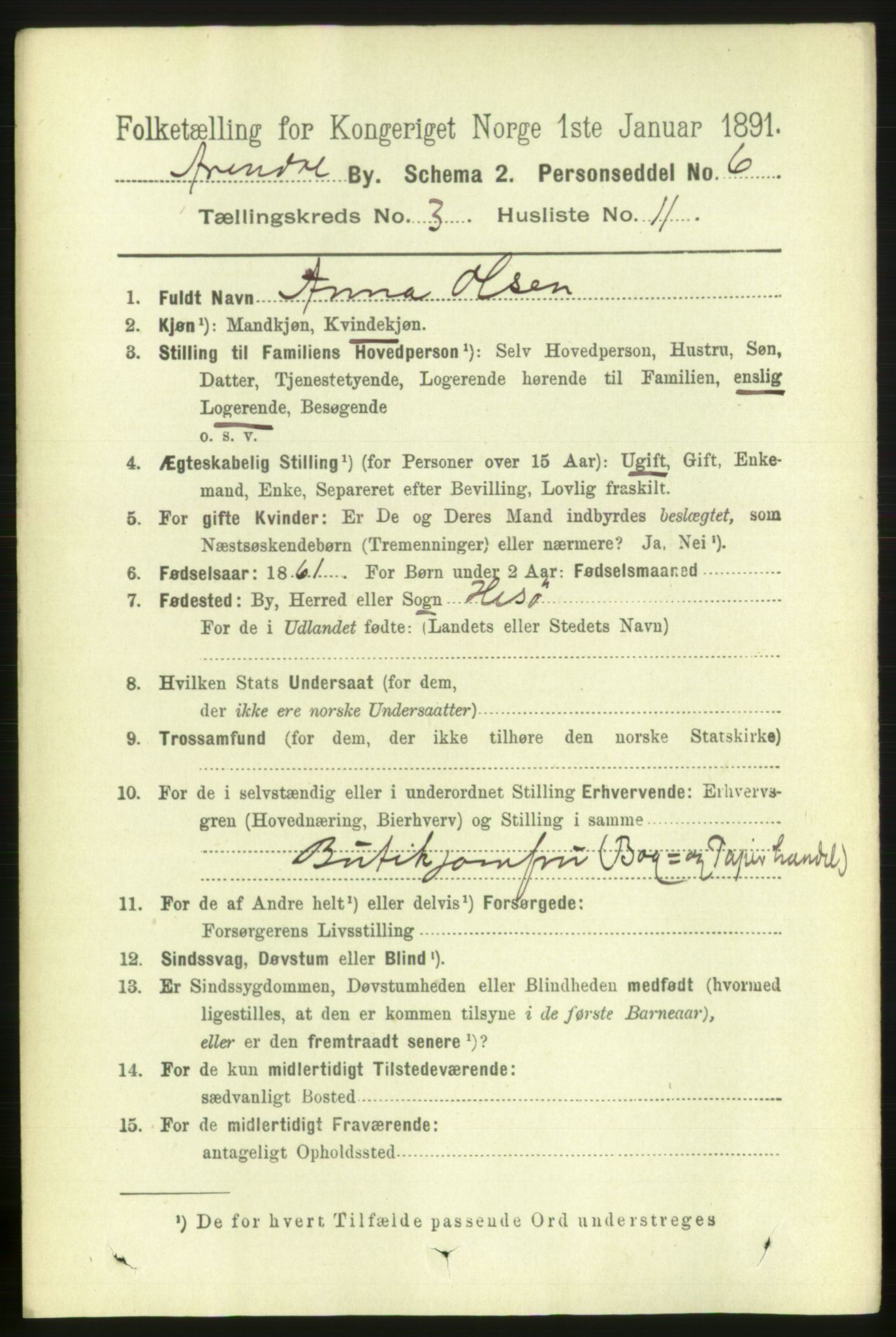 RA, 1891 census for 0903 Arendal, 1891, p. 1538