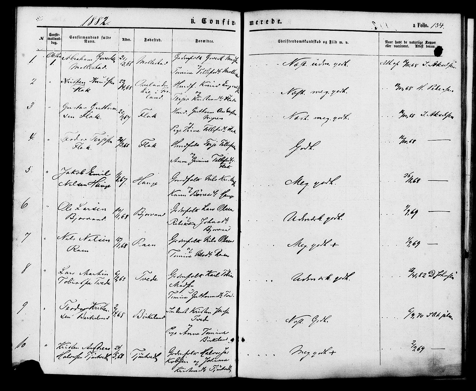 Birkenes sokneprestkontor, AV/SAK-1111-0004/F/Fa/L0004: Parish register (official) no. A 4, 1867-1886, p. 134