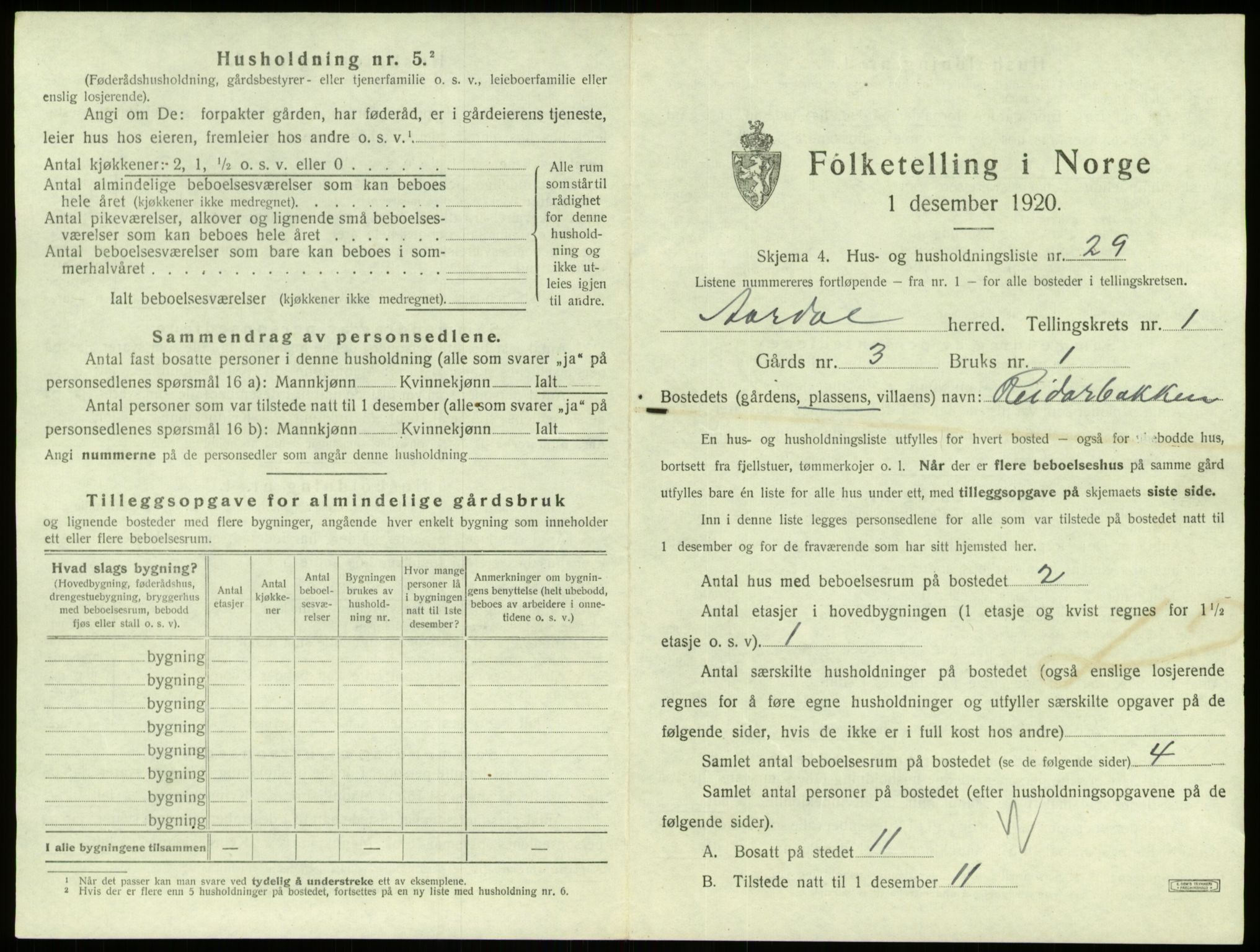 SAB, 1920 census for Årdal, 1920, p. 88