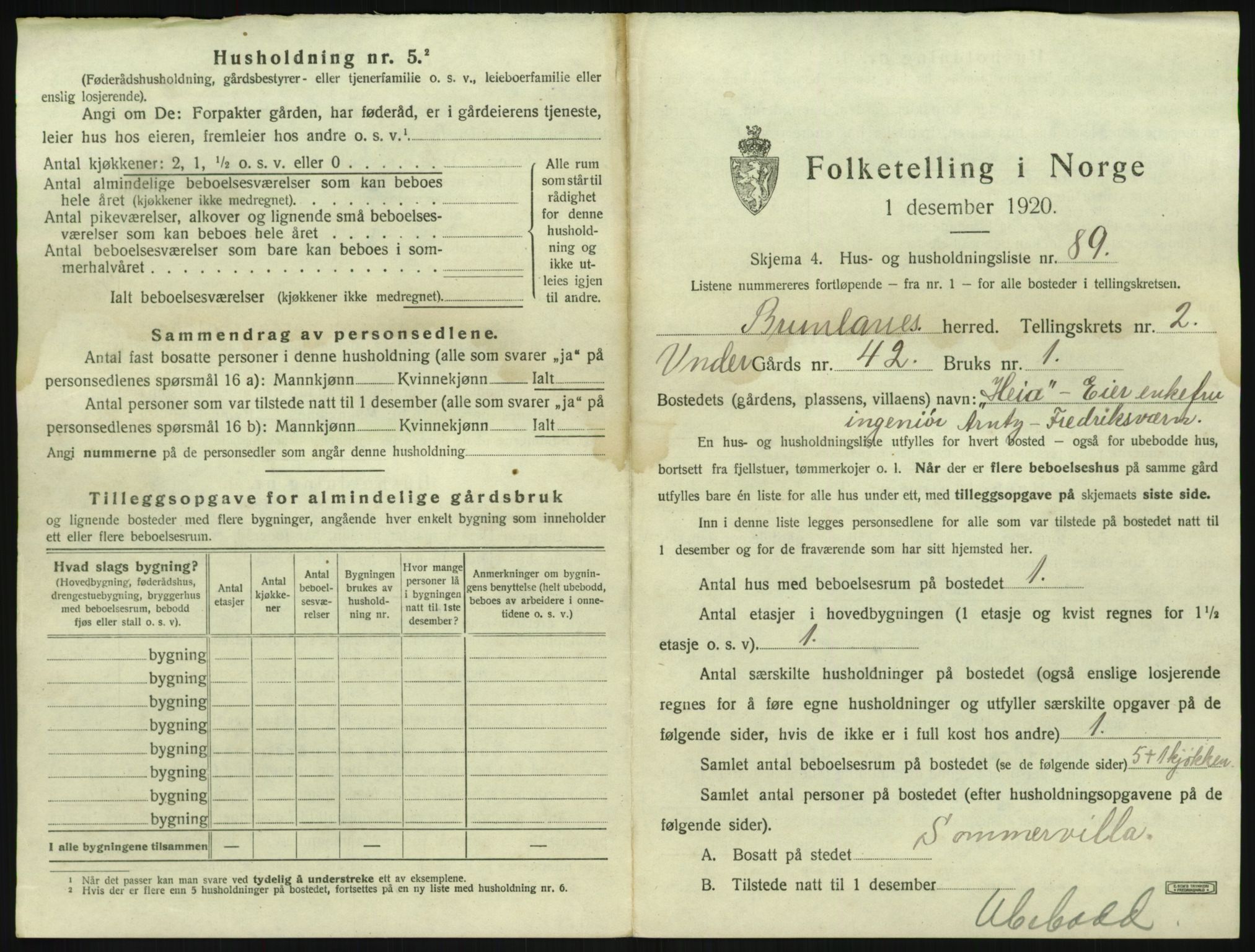 SAKO, 1920 census for Brunlanes, 1920, p. 489