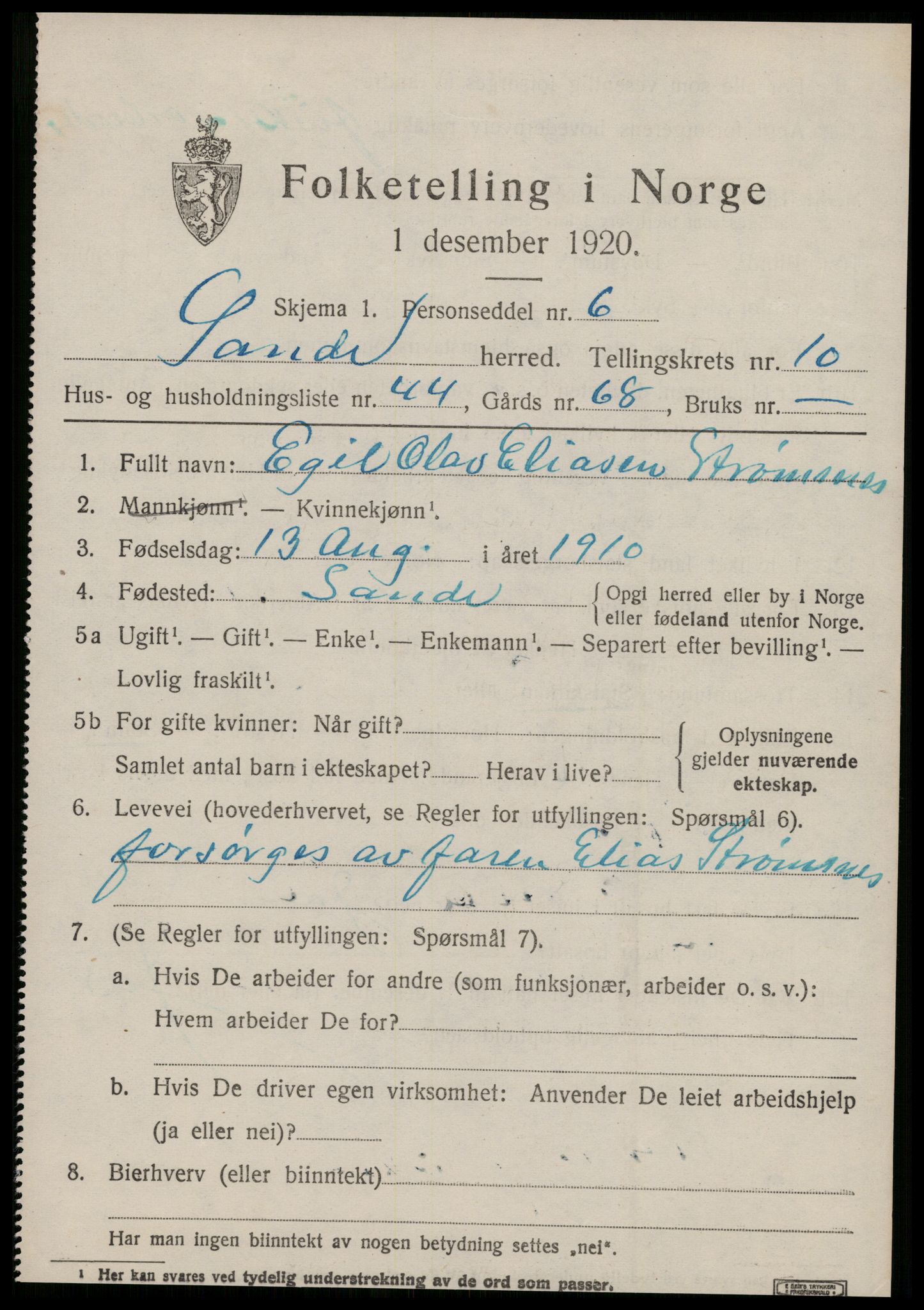 SAT, 1920 census for Sande (MR), 1920, p. 5728