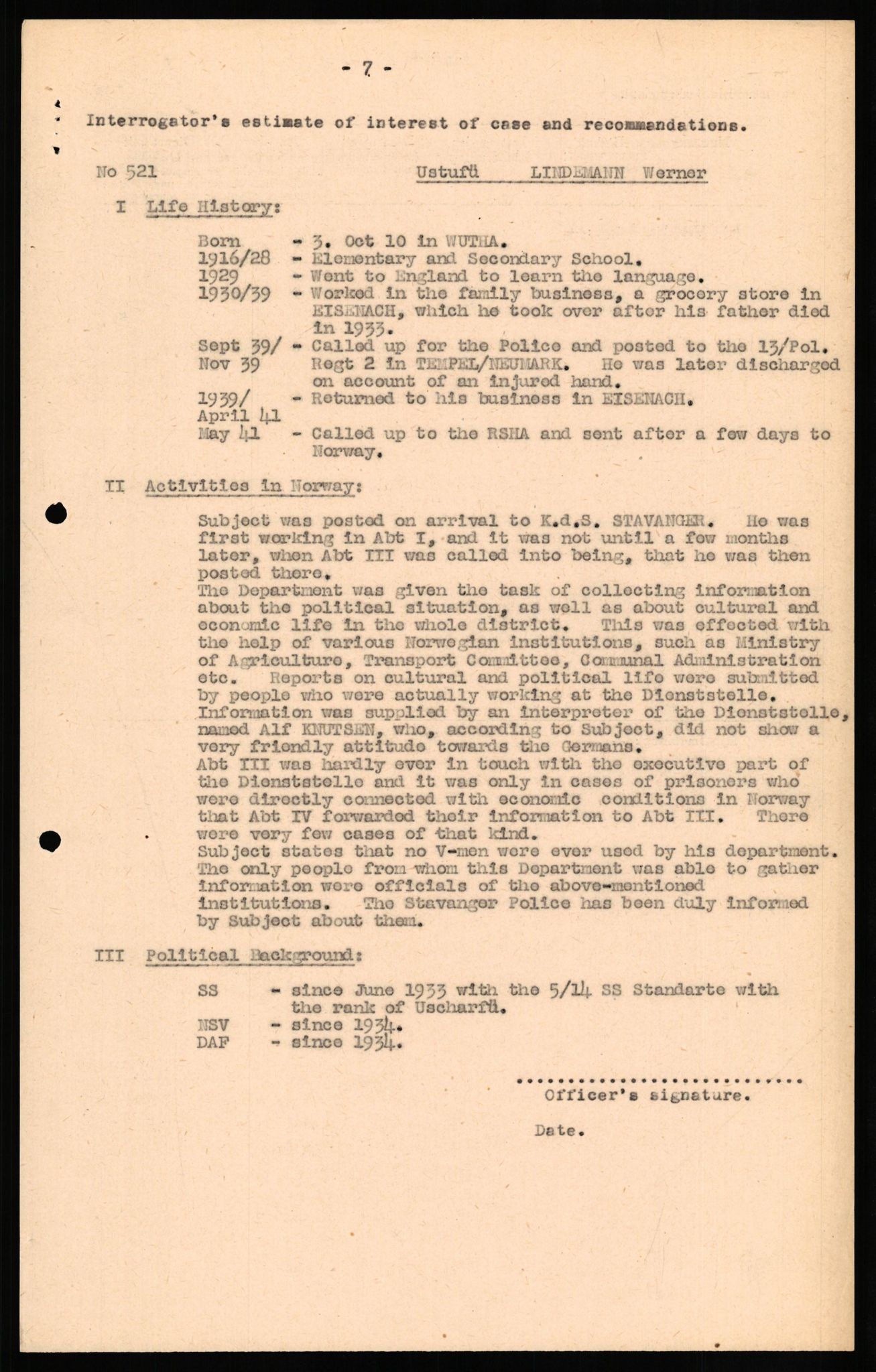 Forsvaret, Forsvarets overkommando II, RA/RAFA-3915/D/Db/L0020: CI Questionaires. Tyske okkupasjonsstyrker i Norge. Tyskere., 1945-1946, p. 172