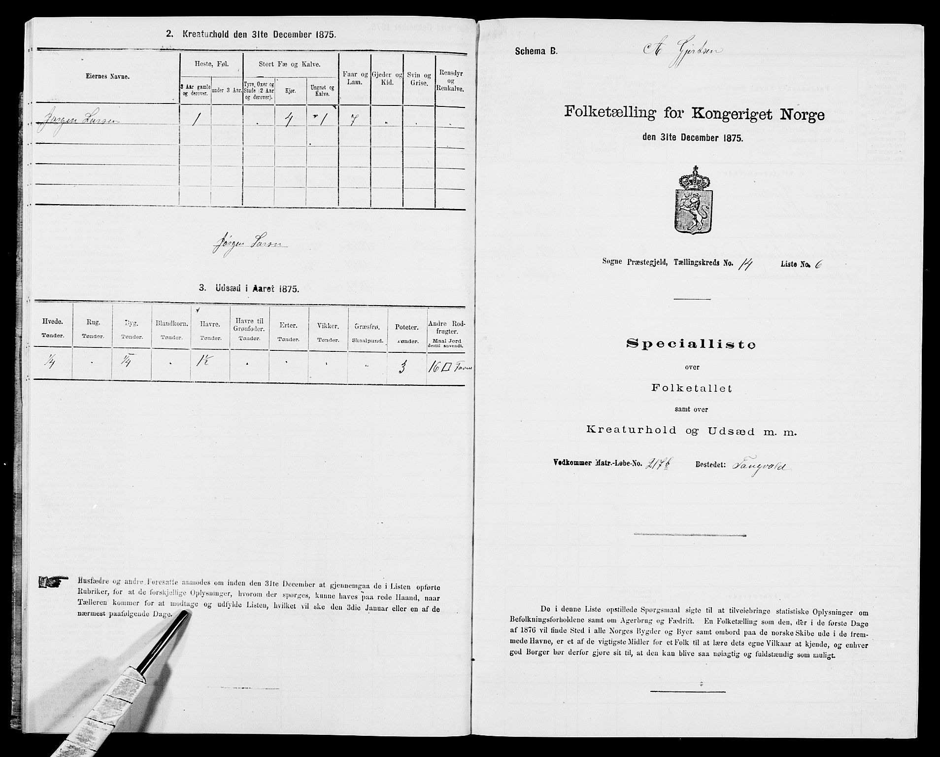 SAK, 1875 census for 1018P Søgne, 1875, p. 1011