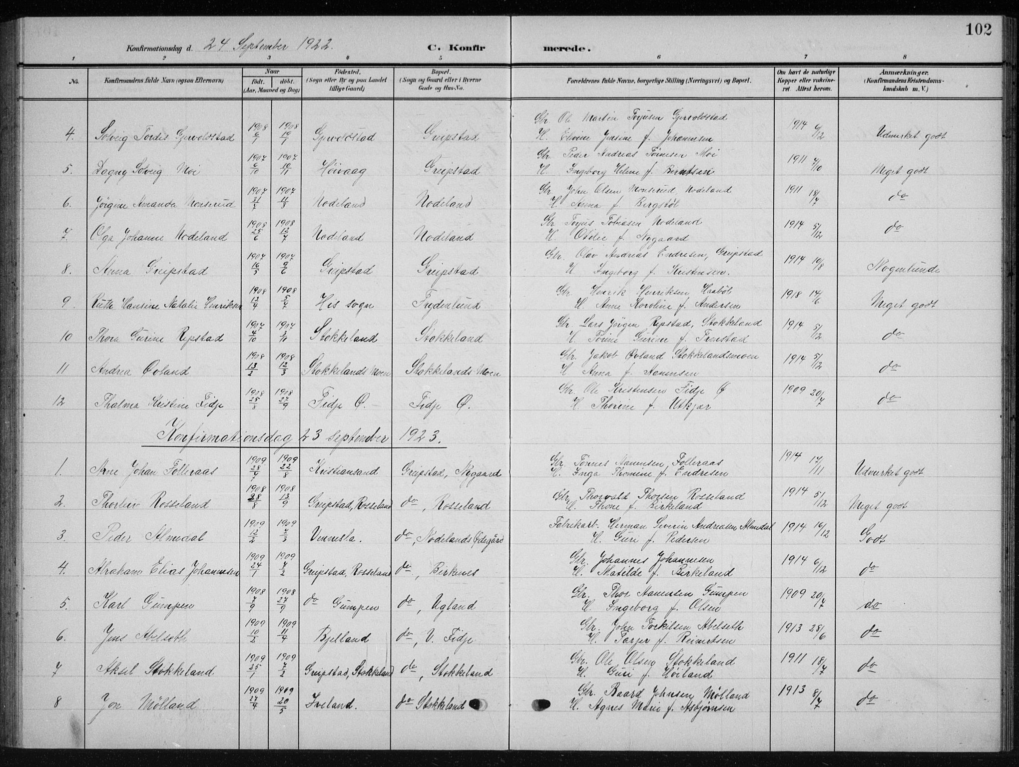Søgne sokneprestkontor, SAK/1111-0037/F/Fb/Fba/L0005: Parish register (copy) no. B 5, 1904-1936, p. 102