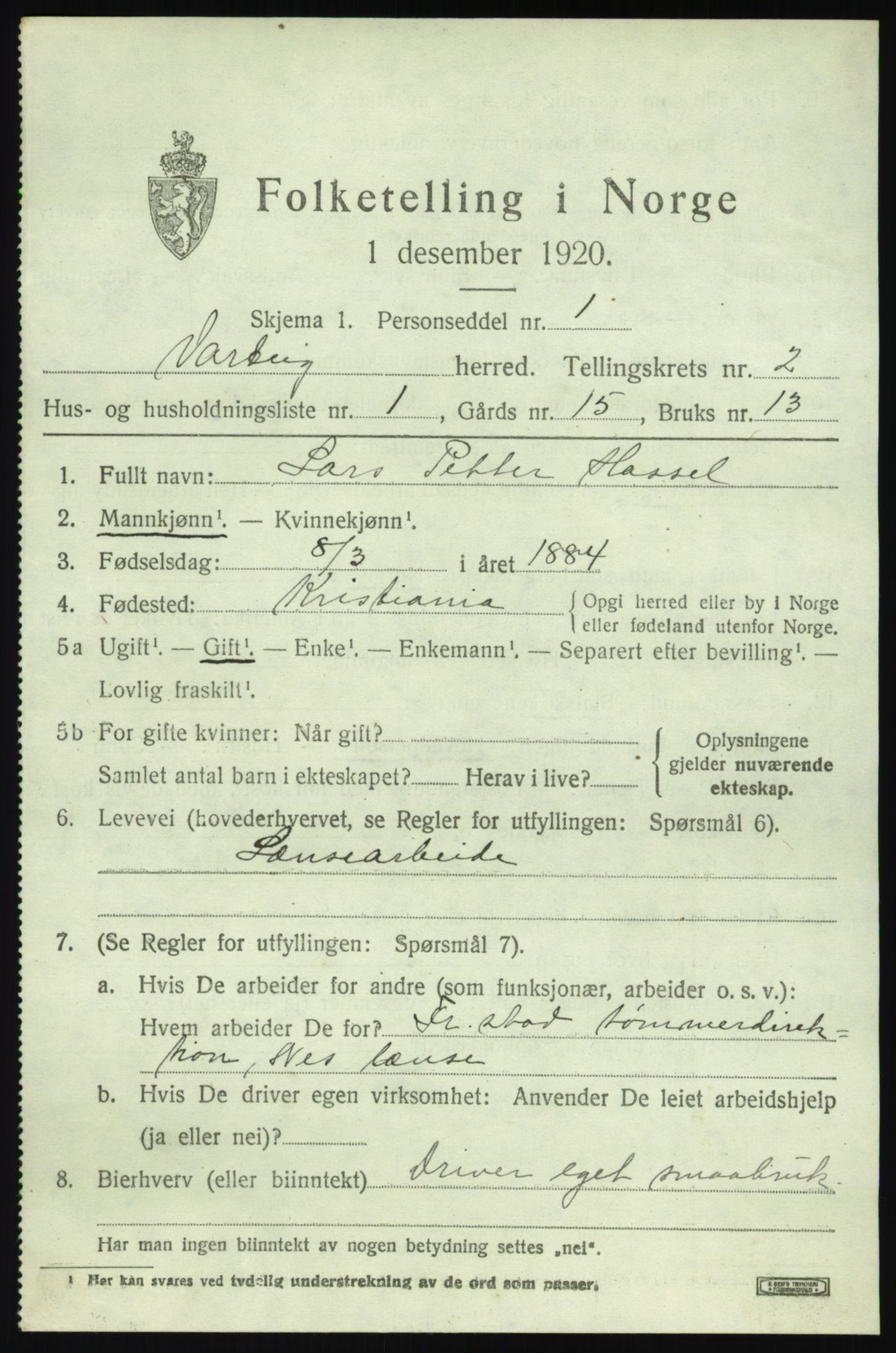 SAO, 1920 census for Varteig, 1920, p. 1133