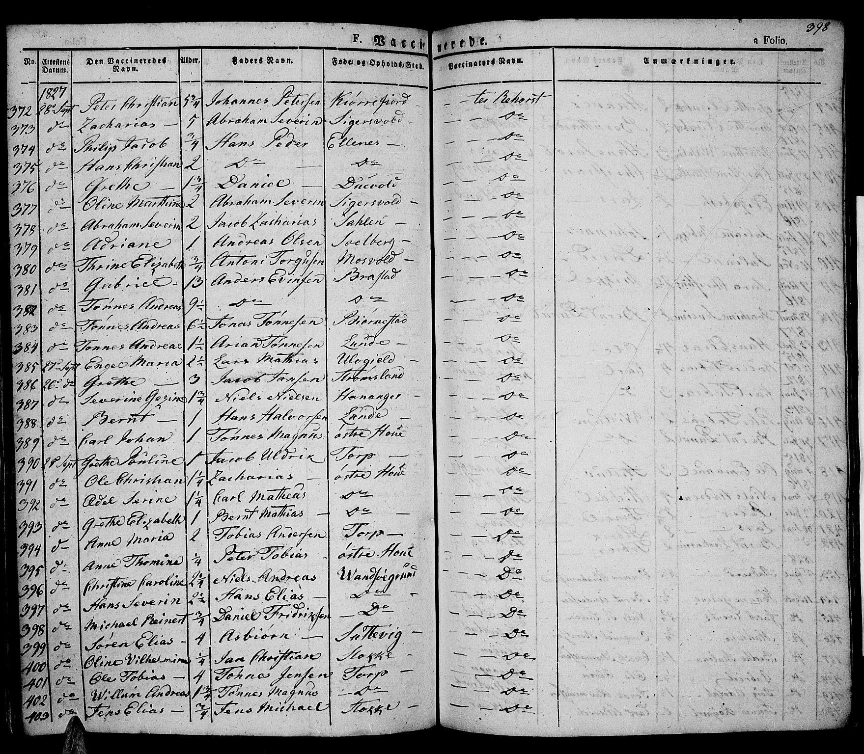 Lista sokneprestkontor, AV/SAK-1111-0027/F/Fa/L0008: Parish register (official) no. A 8, 1823-1835, p. 398