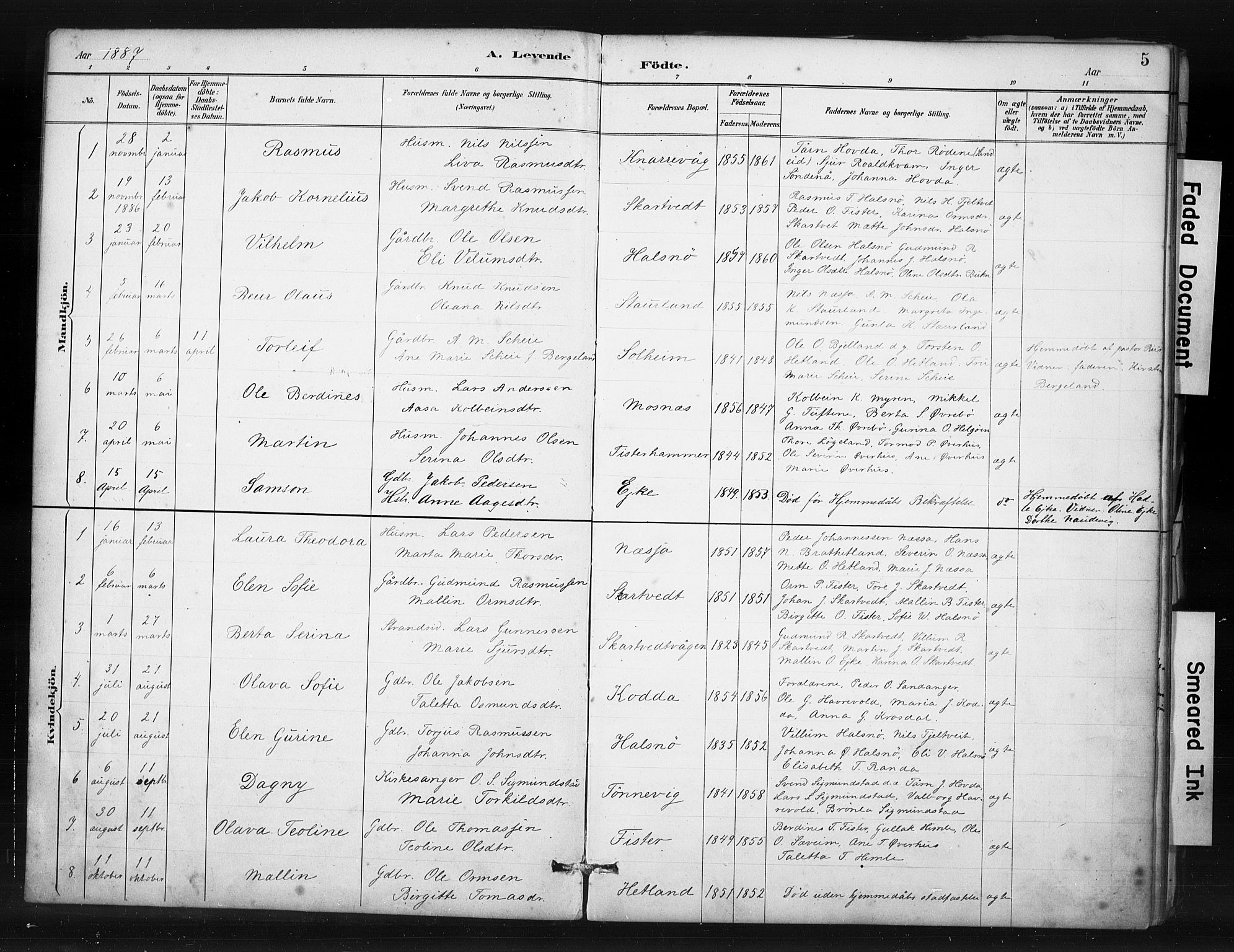 Hjelmeland sokneprestkontor, SAST/A-101843/01/IV/L0015: Parish register (official) no. A 15, 1887-1910, p. 5
