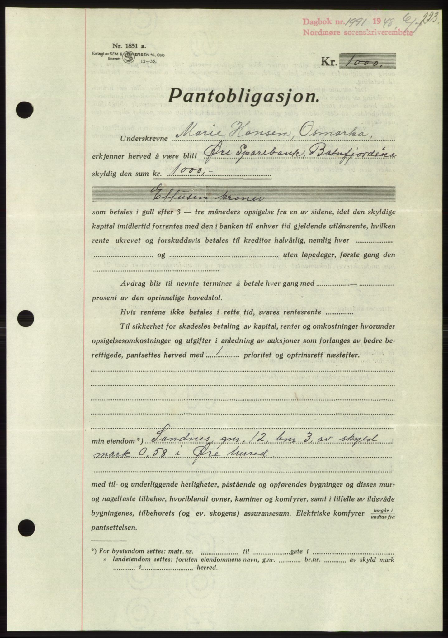 Nordmøre sorenskriveri, AV/SAT-A-4132/1/2/2Ca: Mortgage book no. B99, 1948-1948, Diary no: : 1991/1948