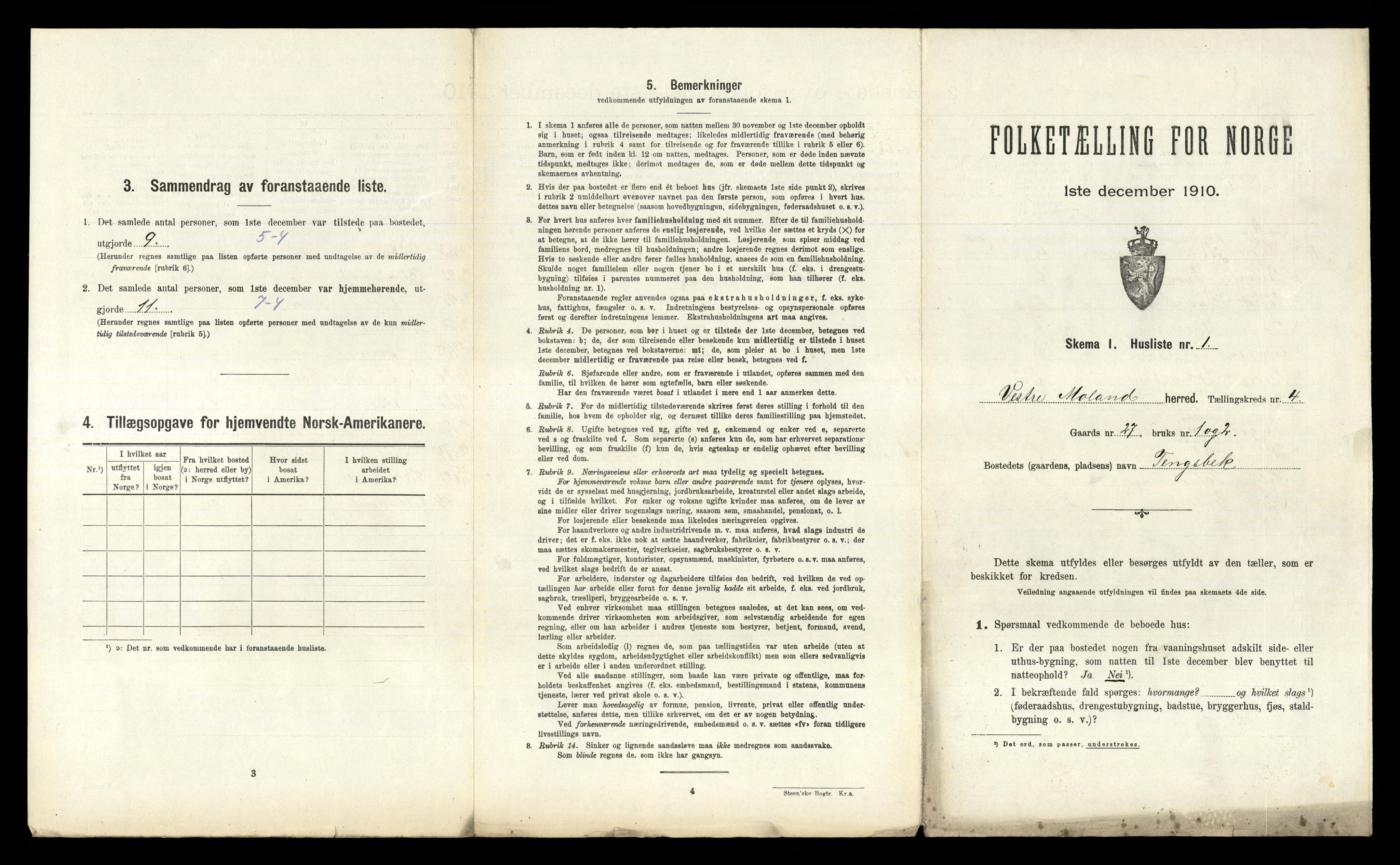 RA, 1910 census for Vestre Moland, 1910, p. 588