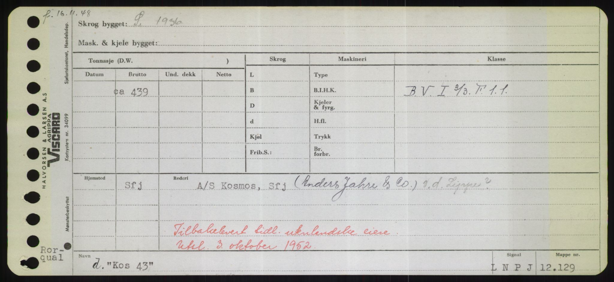 Sjøfartsdirektoratet med forløpere, Skipsmålingen, RA/S-1627/H/Hd/L0021: Fartøy, Kor-Kår, p. 89