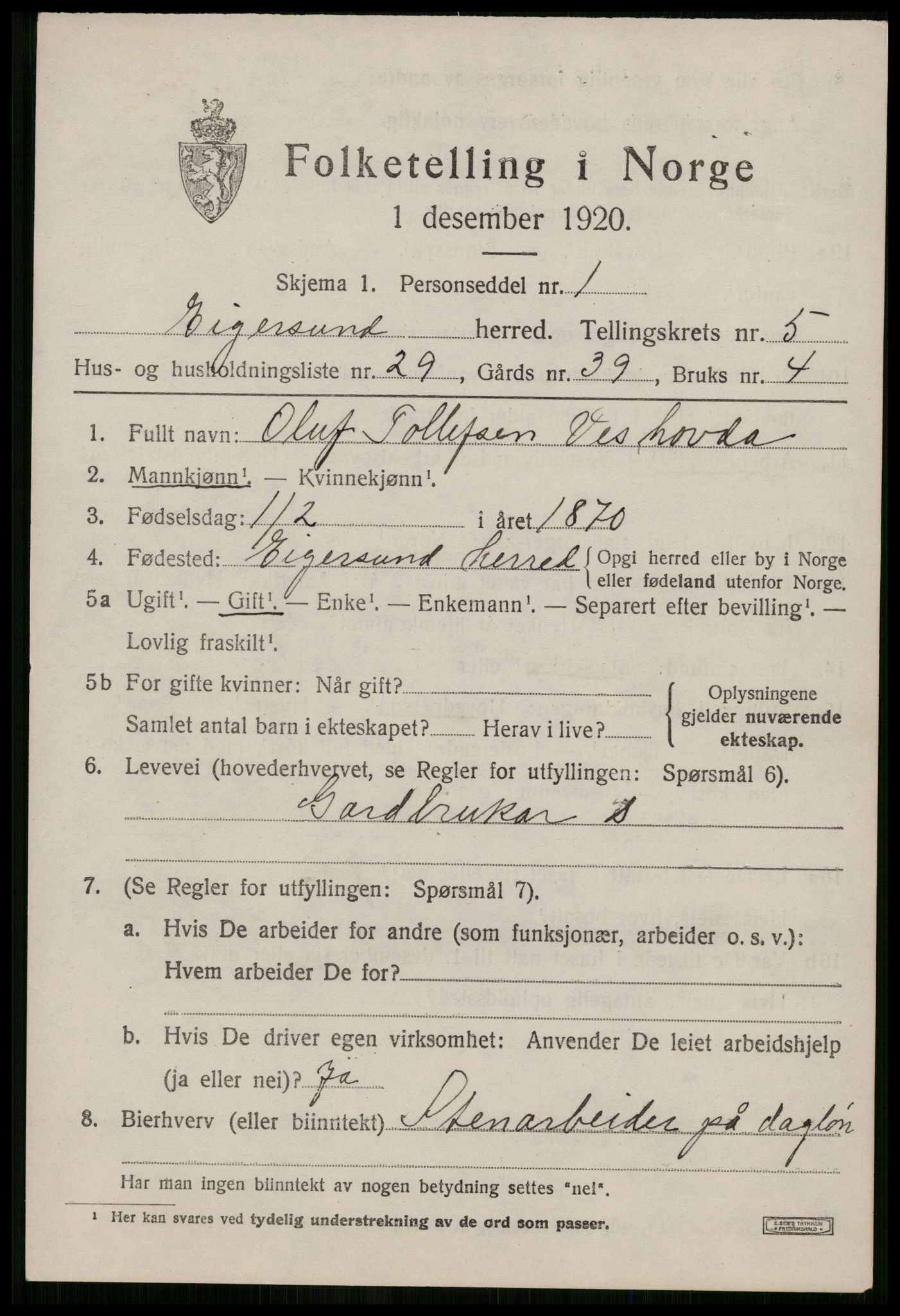 SAST, 1920 census for Eigersund, 1920, p. 3855