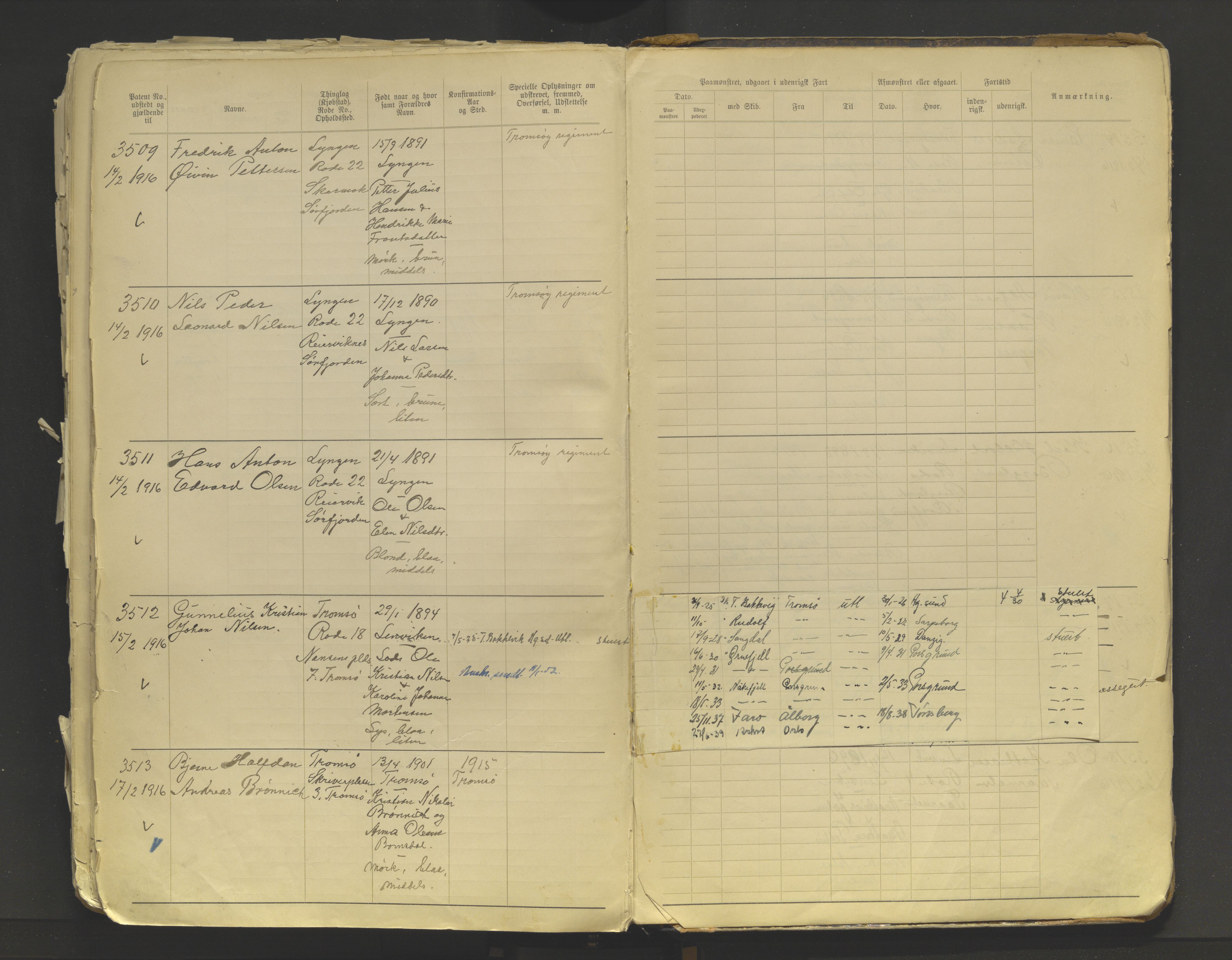 Tromsø sjømannskontor/innrullerings-/mønstringsdistrikt, AV/SATØ-S-0243/F/Fb/L0009: Annotasjonsrulle. Defekt: løse permer. Nr. 2075-3518, 1908-1916