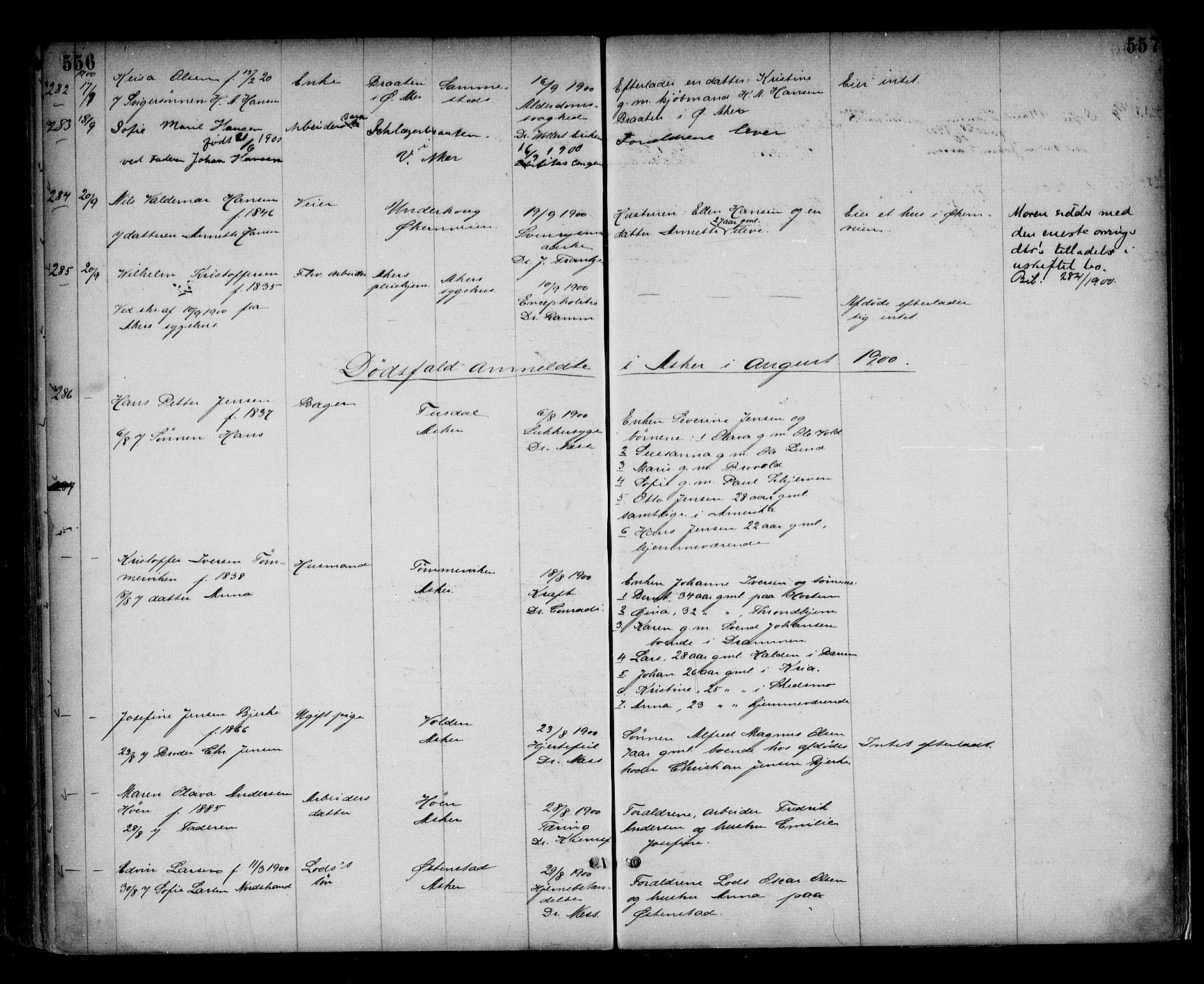 Aker sorenskriveri, SAO/A-10895/H/Ha/Haa/L0007: Dødsanmeldelsesprotokoll, 1886-1901, p. 556-557