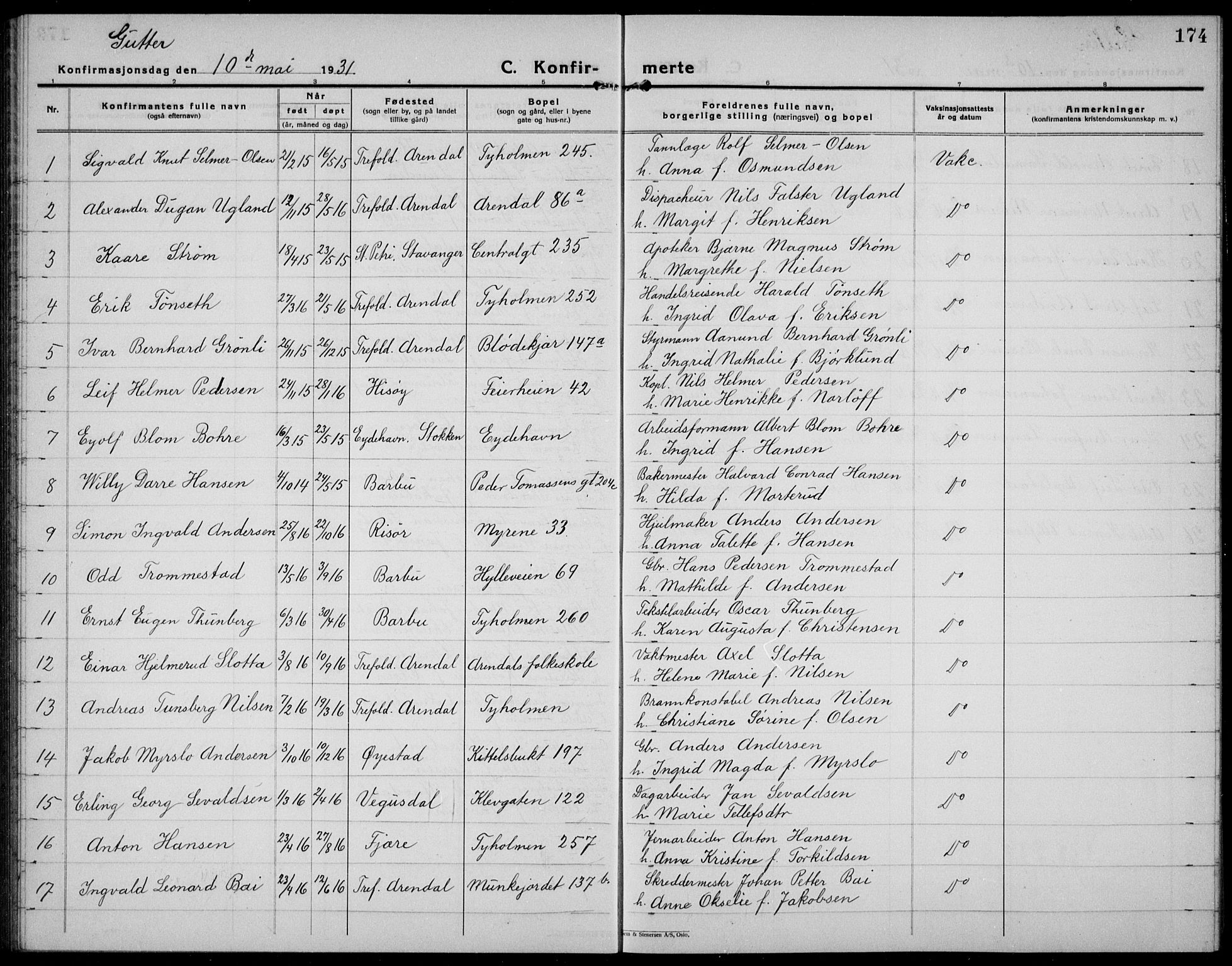 Arendal sokneprestkontor, Trefoldighet, AV/SAK-1111-0040/F/Fb/L0008: Parish register (copy) no. B 8, 1928-1939, p. 174