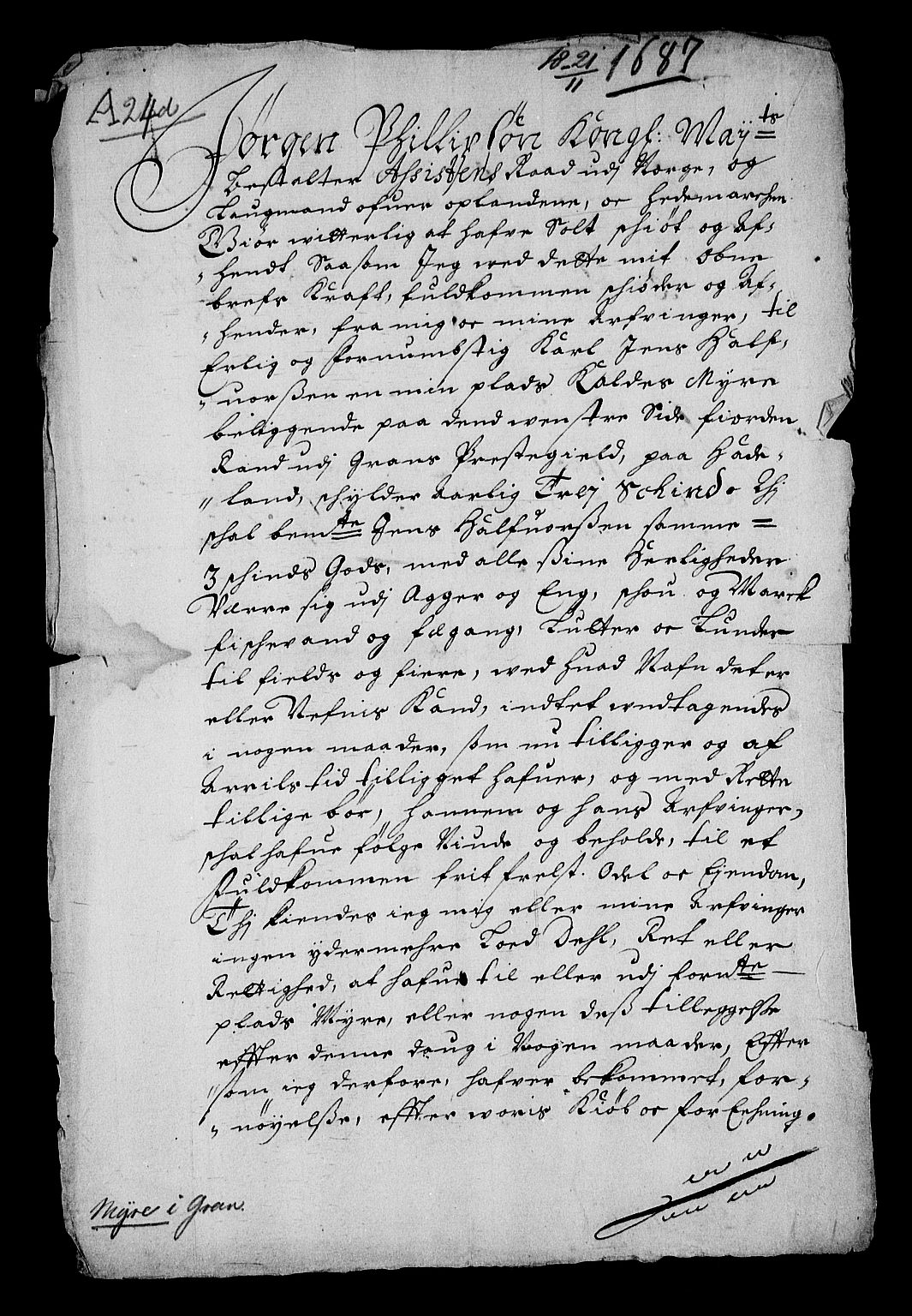 Stattholderembetet 1572-1771, RA/EA-2870/Af/L0002: Avskrifter av vedlegg til originale supplikker, nummerert i samsvar med supplikkbøkene, 1687-1689, p. 160