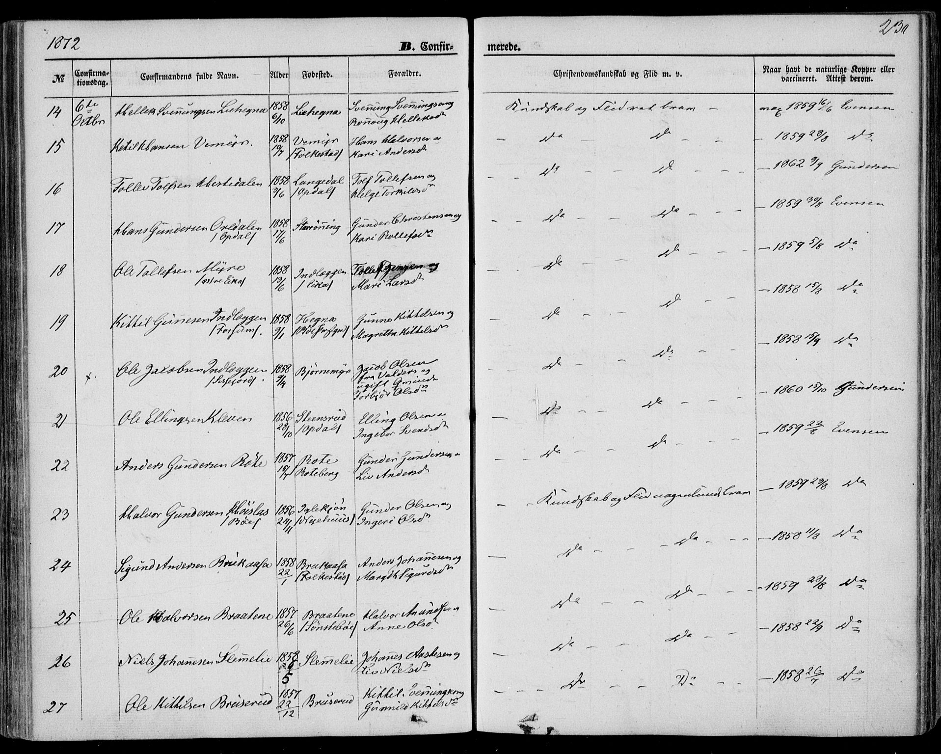 Bø kirkebøker, SAKO/A-257/F/Fa/L0009: Parish register (official) no. 9, 1862-1879, p. 230