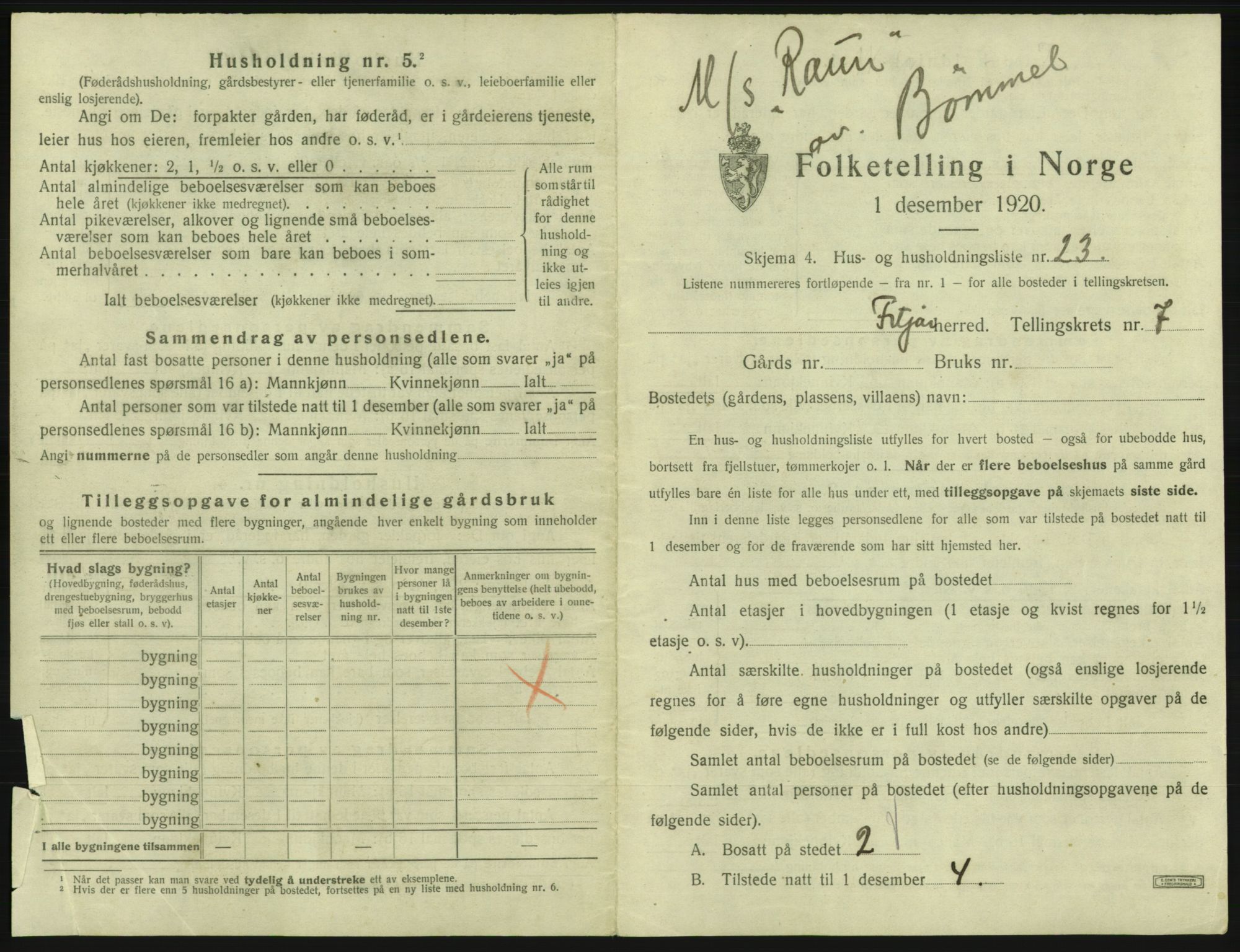 SAB, 1920 census for Fitjar, 1920, p. 456