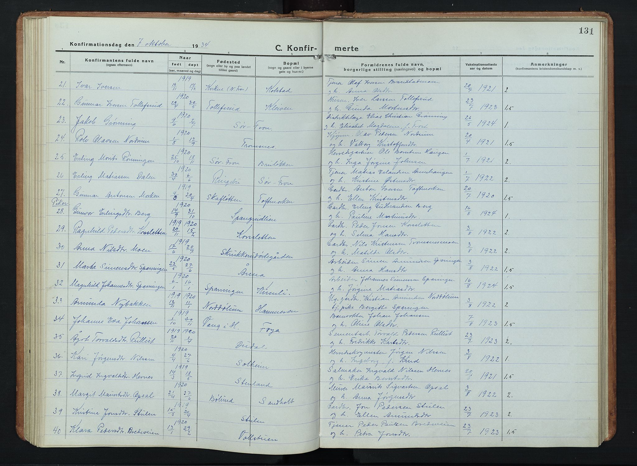 Ringebu prestekontor, SAH/PREST-082/H/Ha/Hab/L0011: Parish register (copy) no. 11, 1921-1943, p. 131