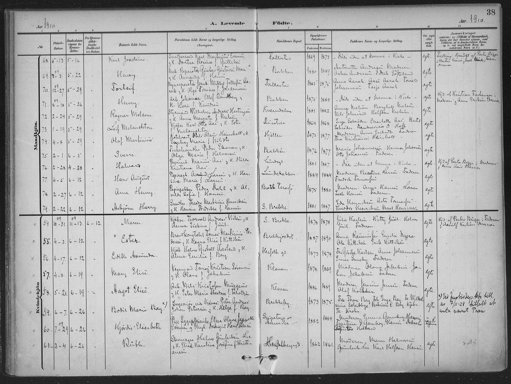 Skien kirkebøker, SAKO/A-302/F/Fa/L0012: Parish register (official) no. 12, 1908-1914, p. 38