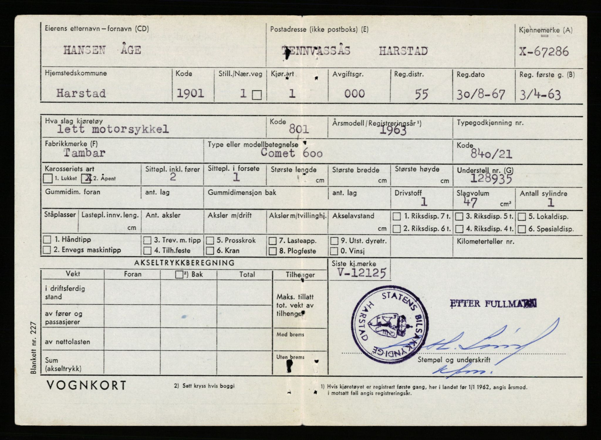 Stavanger trafikkstasjon, SAST/A-101942/0/G/L0007: Registreringsnummer: 49019 - 67460, 1930-1971, p. 3253