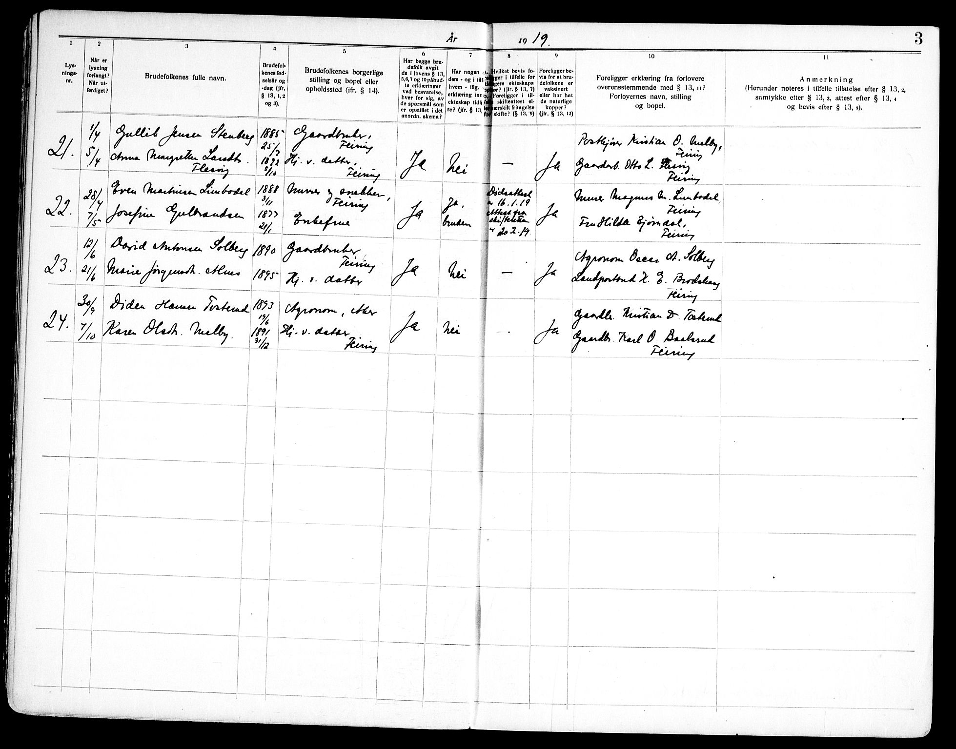 Hurdal prestekontor Kirkebøker, AV/SAO-A-10889/H/Ha/L0001: Banns register no. 1, 1919-1969, p. 3