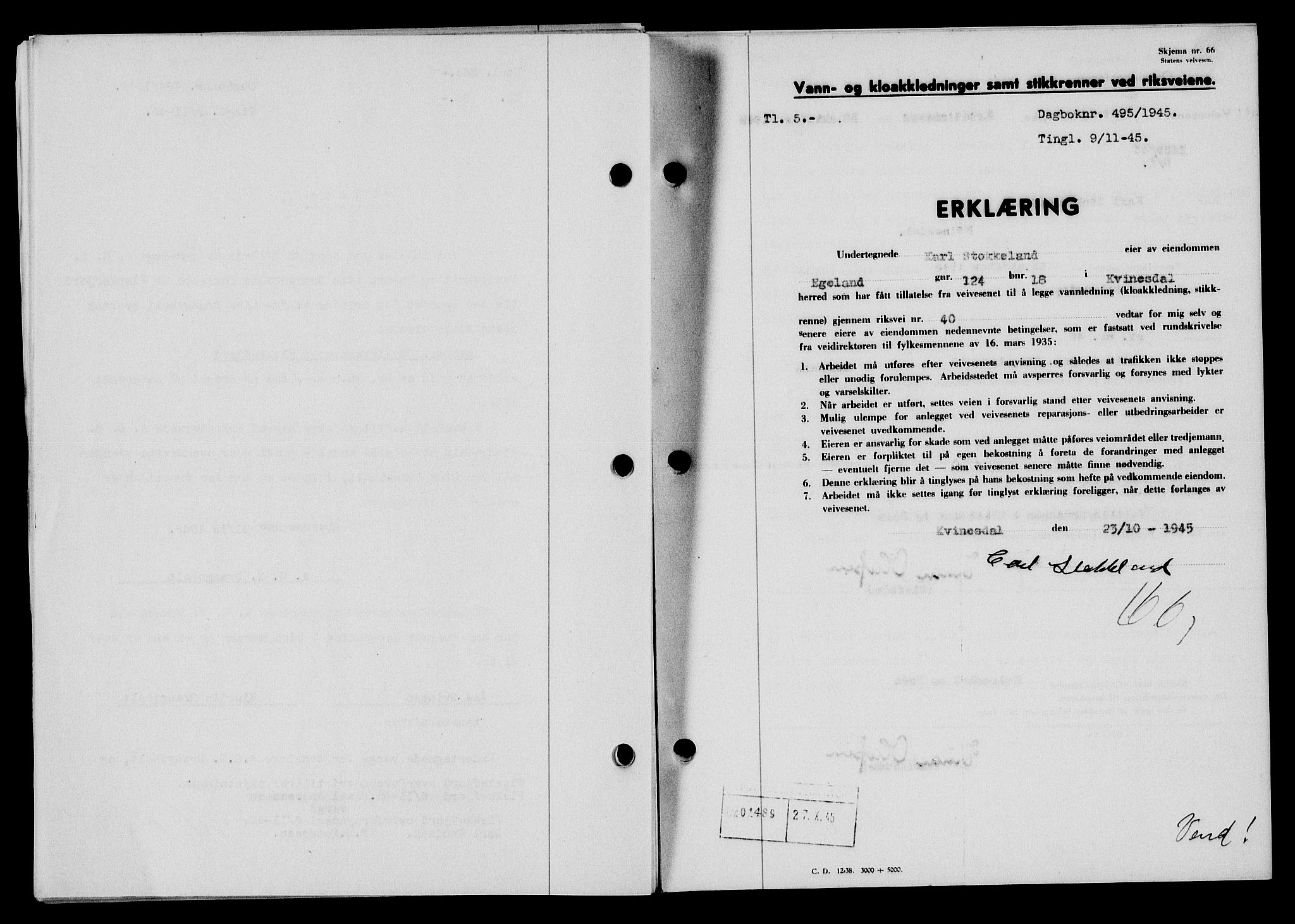 Flekkefjord sorenskriveri, SAK/1221-0001/G/Gb/Gba/L0060: Mortgage book no. A-8, 1945-1946, Diary no: : 495/1945