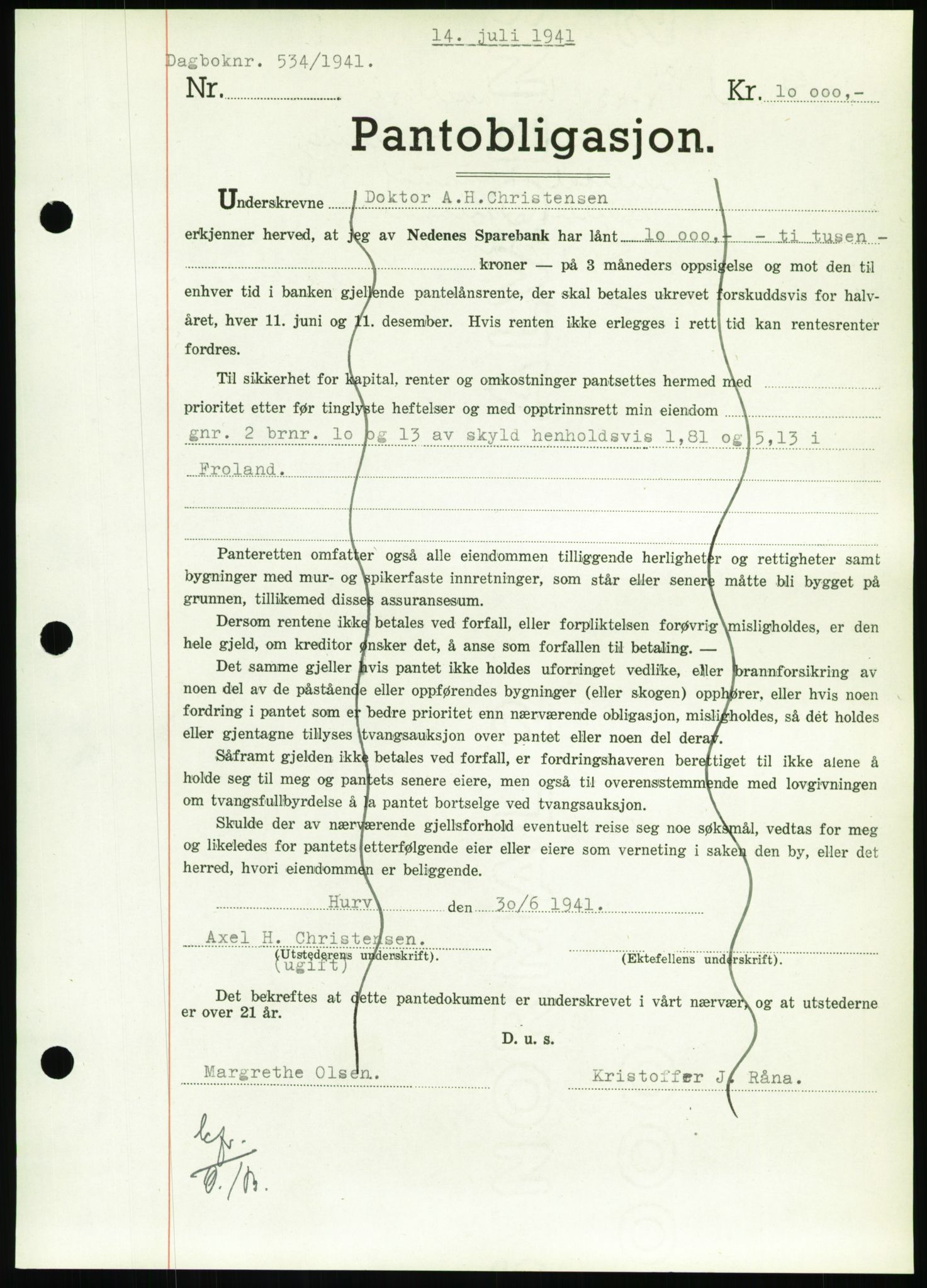 Nedenes sorenskriveri, AV/SAK-1221-0006/G/Gb/Gbb/L0001: Mortgage book no. I, 1939-1942, Diary no: : 534/1941