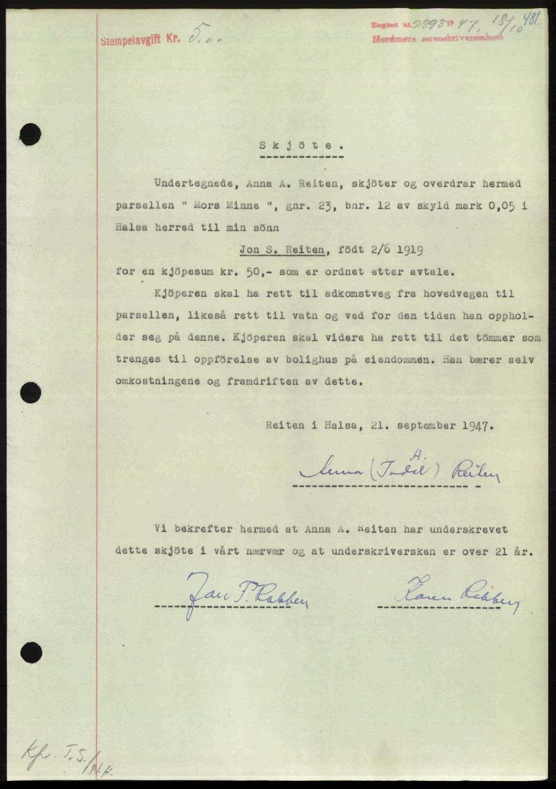 Nordmøre sorenskriveri, AV/SAT-A-4132/1/2/2Ca: Mortgage book no. A106, 1947-1947, Diary no: : 2393/1947