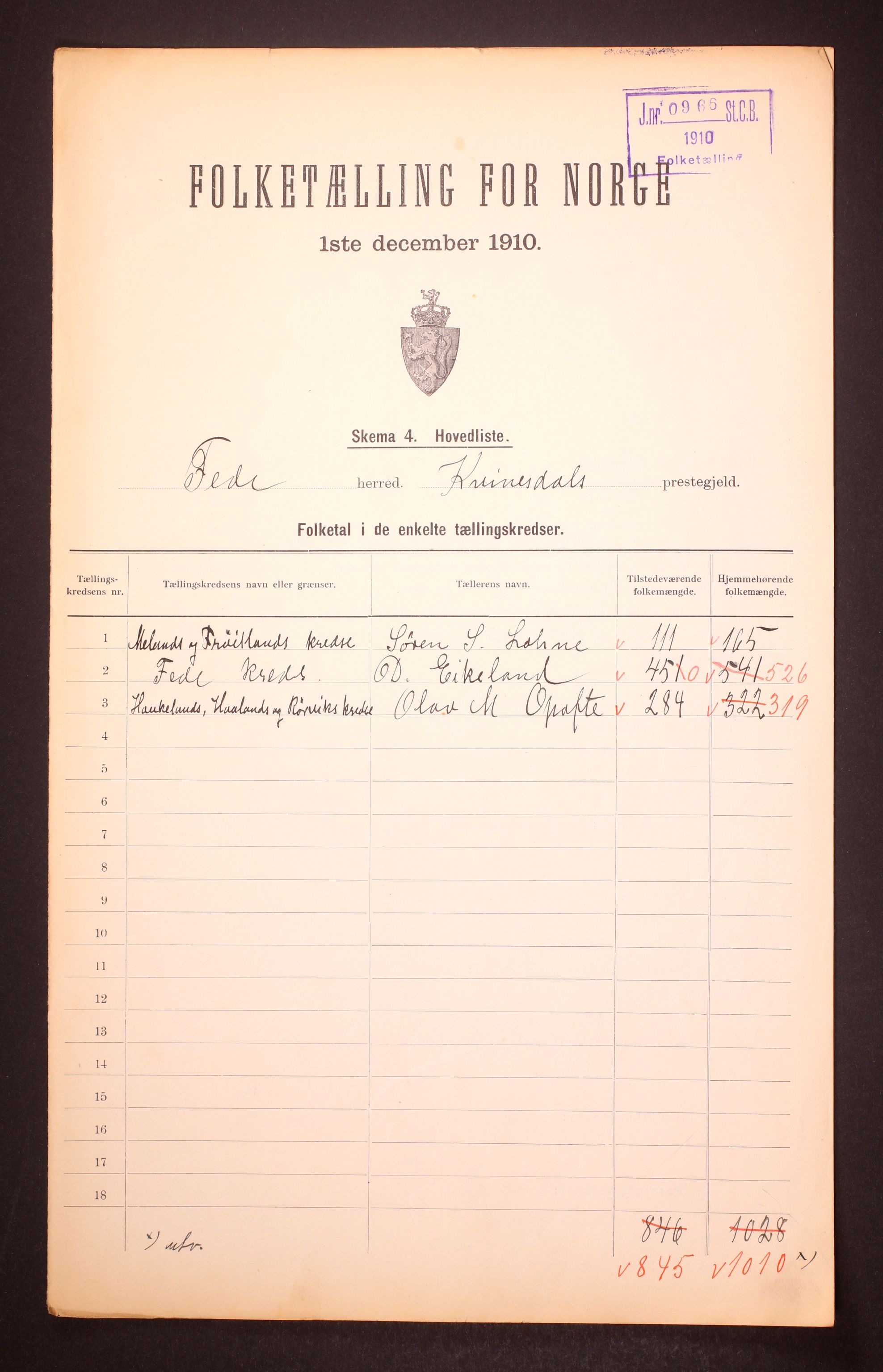 RA, 1910 census for Feda, 1910, p. 2