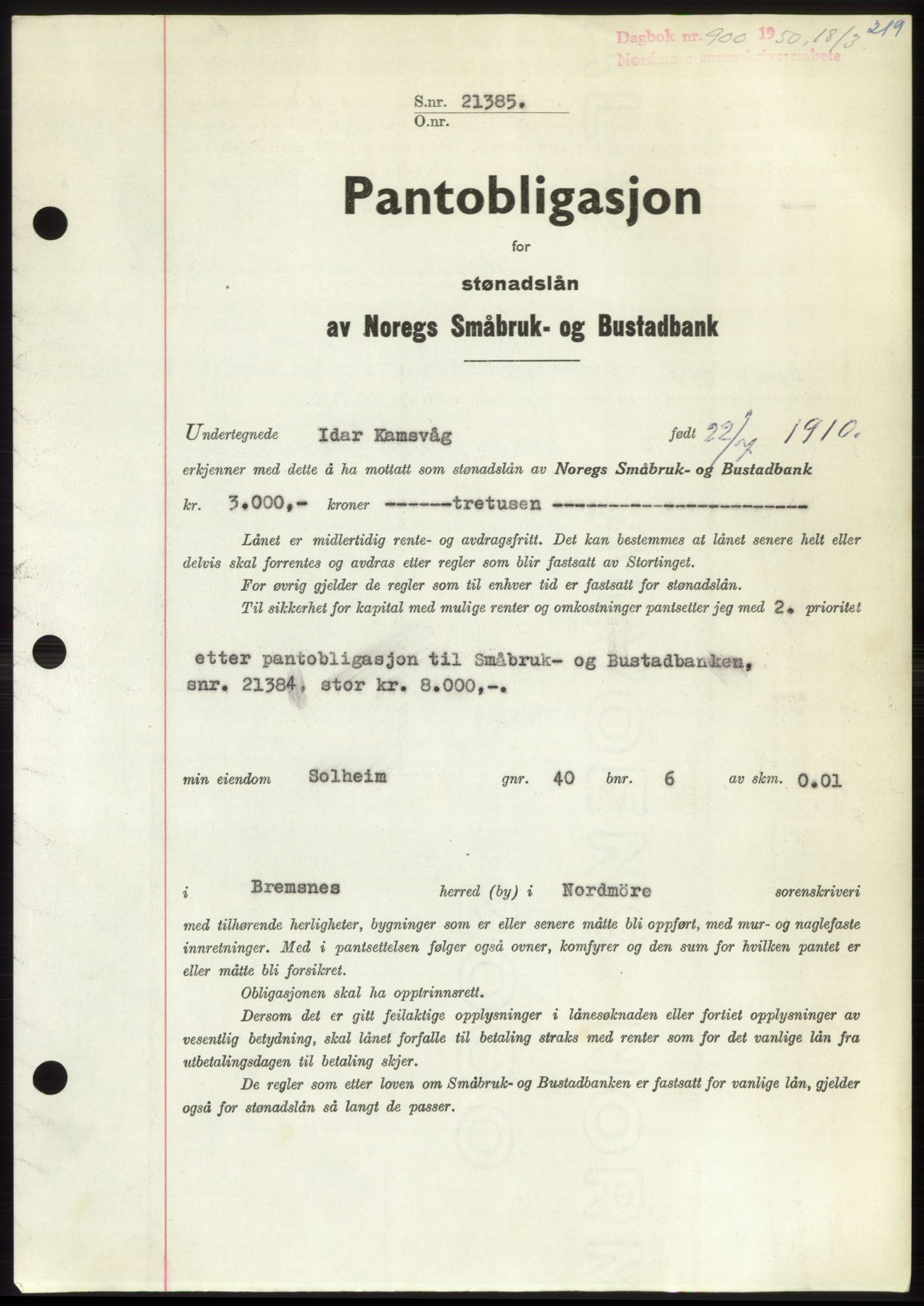 Nordmøre sorenskriveri, AV/SAT-A-4132/1/2/2Ca: Mortgage book no. B104, 1950-1950, Diary no: : 900/1950