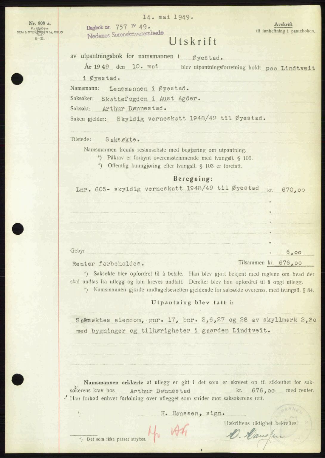 Nedenes sorenskriveri, SAK/1221-0006/G/Gb/Gba/L0060: Mortgage book no. A12, 1948-1949, Diary no: : 757/1949