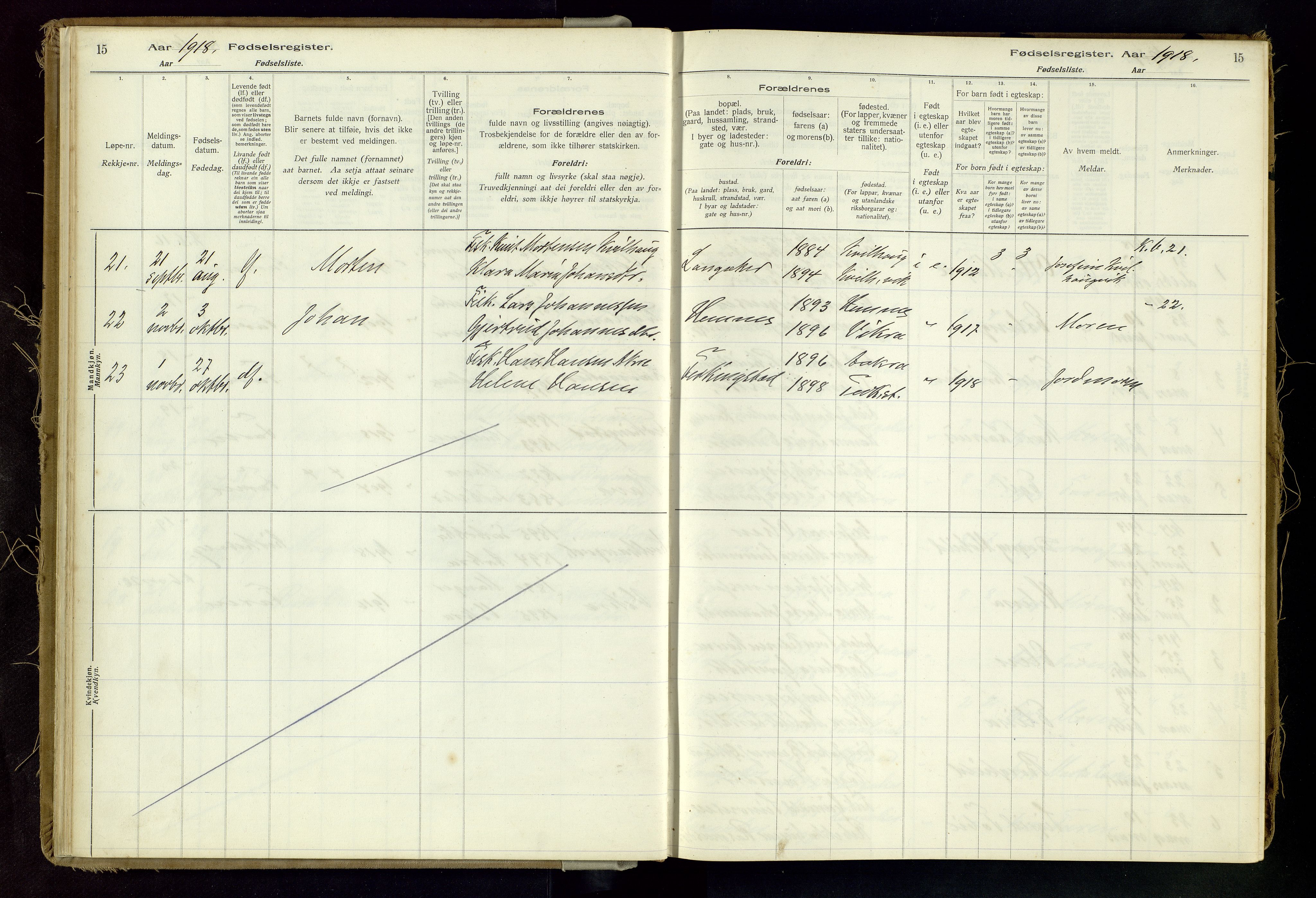 Skudenes sokneprestkontor, AV/SAST-A -101849/I/Id/L0002: Birth register no. 2, 1916-1962, p. 15