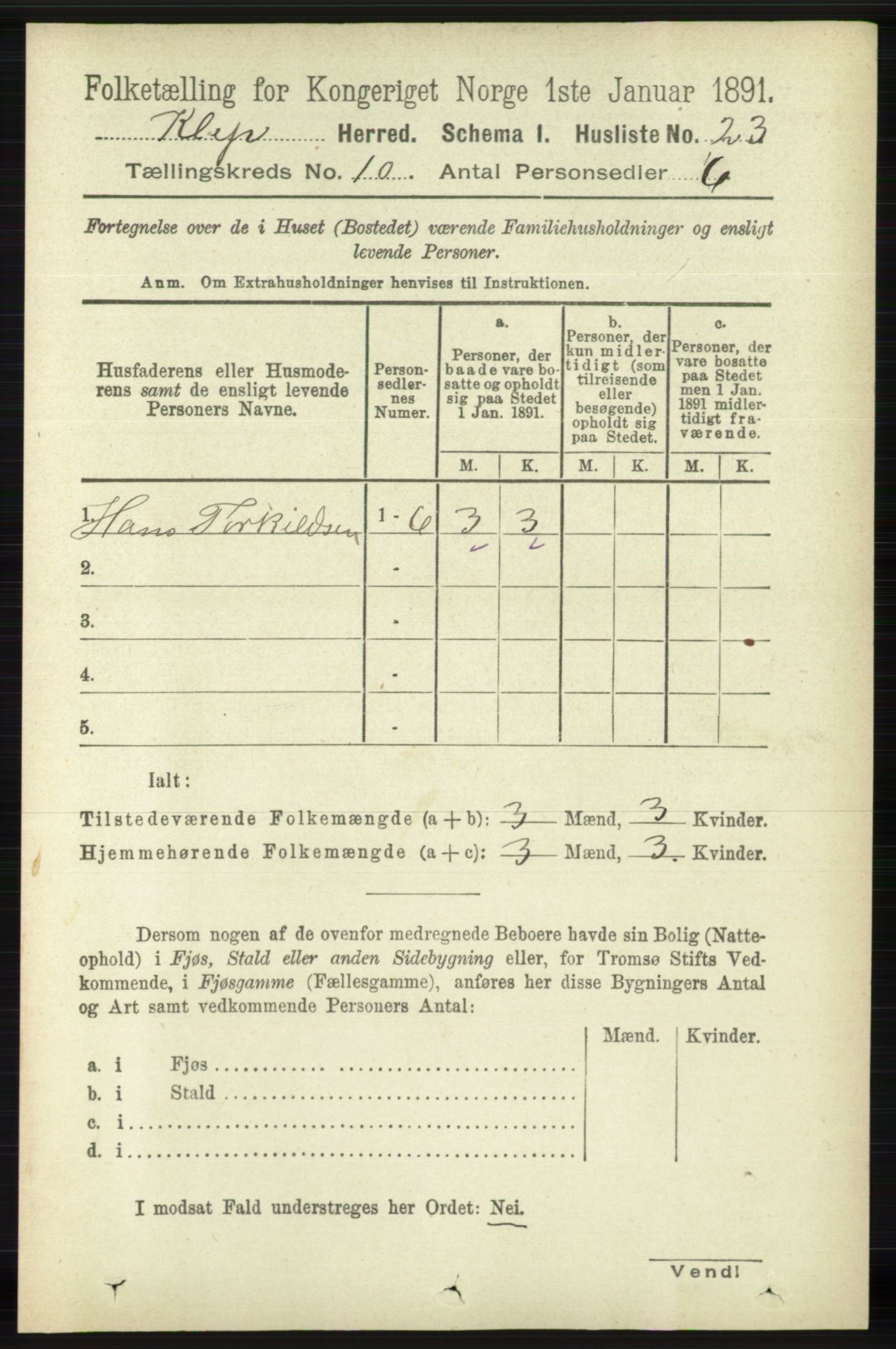 RA, 1891 census for 1120 Klepp, 1891, p. 2841