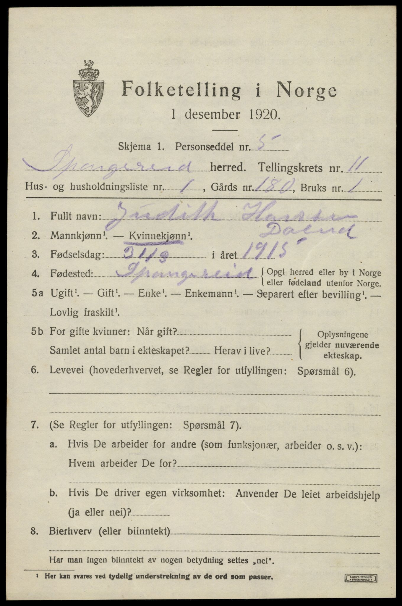 SAK, 1920 census for Spangereid, 1920, p. 3657