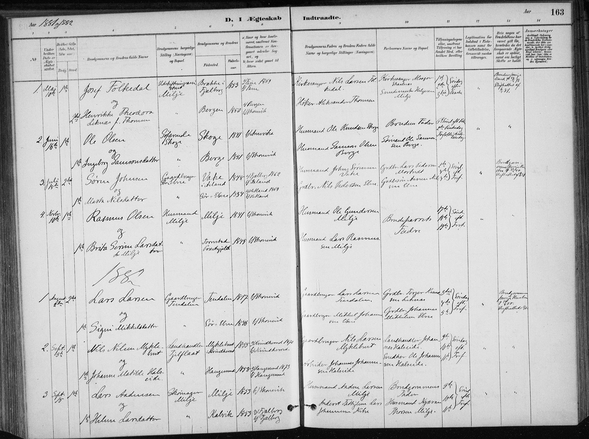 Skånevik sokneprestembete, SAB/A-77801/H/Haa: Parish register (official) no. B 1, 1879-1914, p. 163