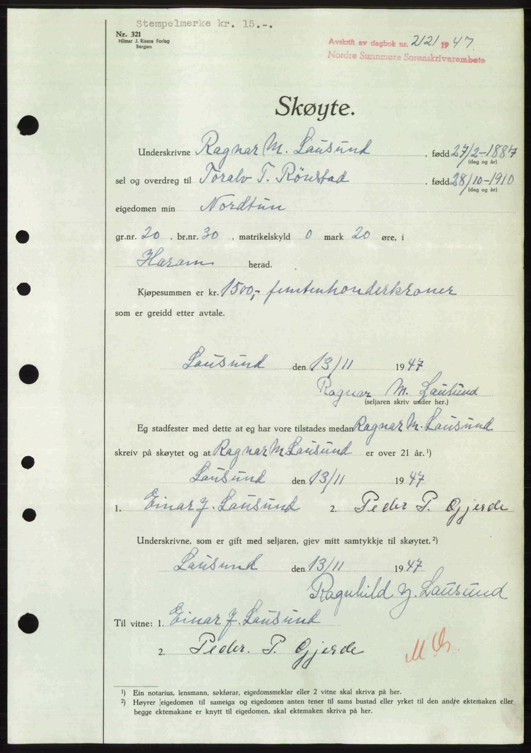 Nordre Sunnmøre sorenskriveri, AV/SAT-A-0006/1/2/2C/2Ca: Mortgage book no. A26, 1947-1948, Diary no: : 2121/1947