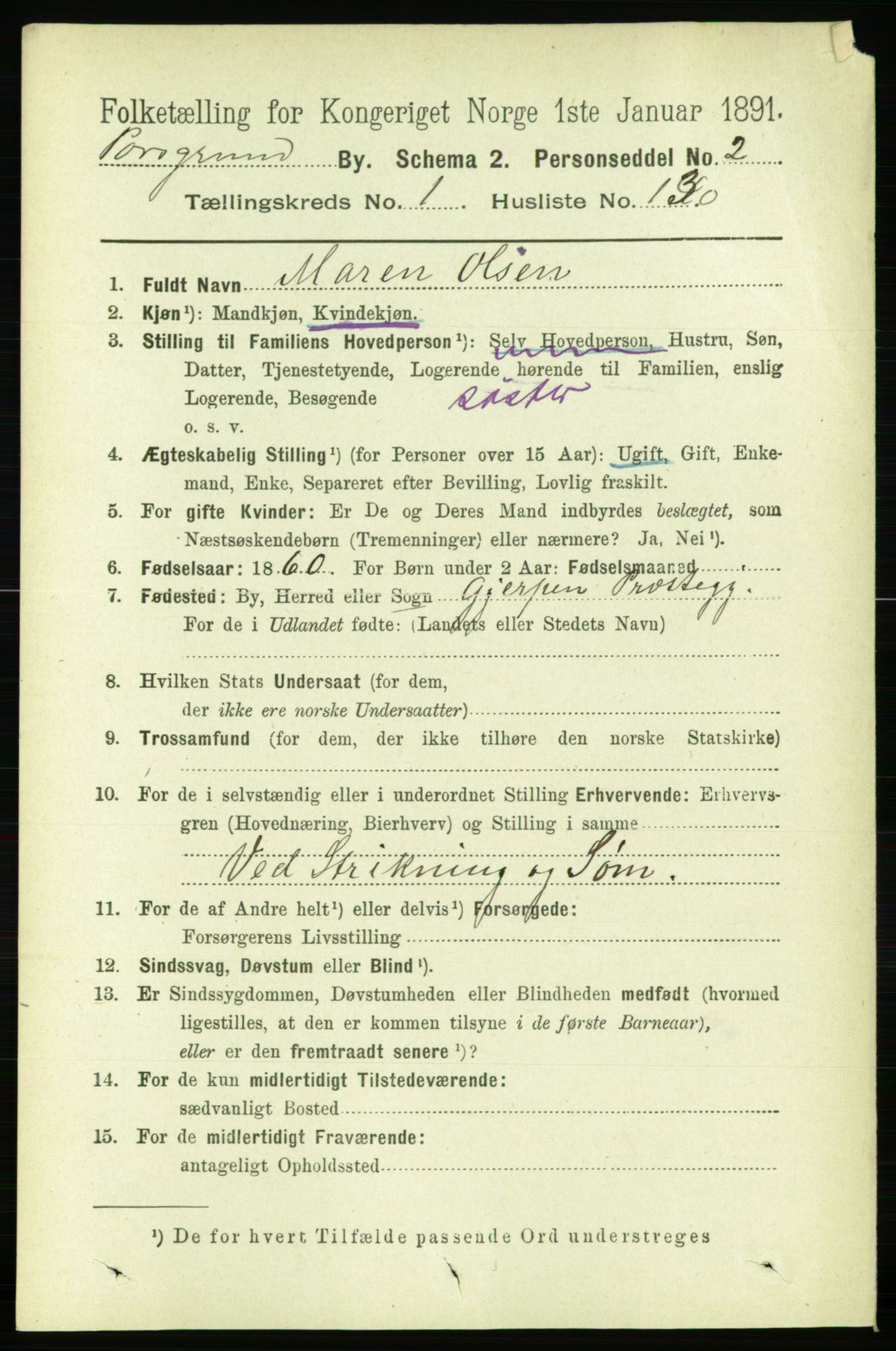 RA, 1891 census for 0805 Porsgrunn, 1891, p. 2121