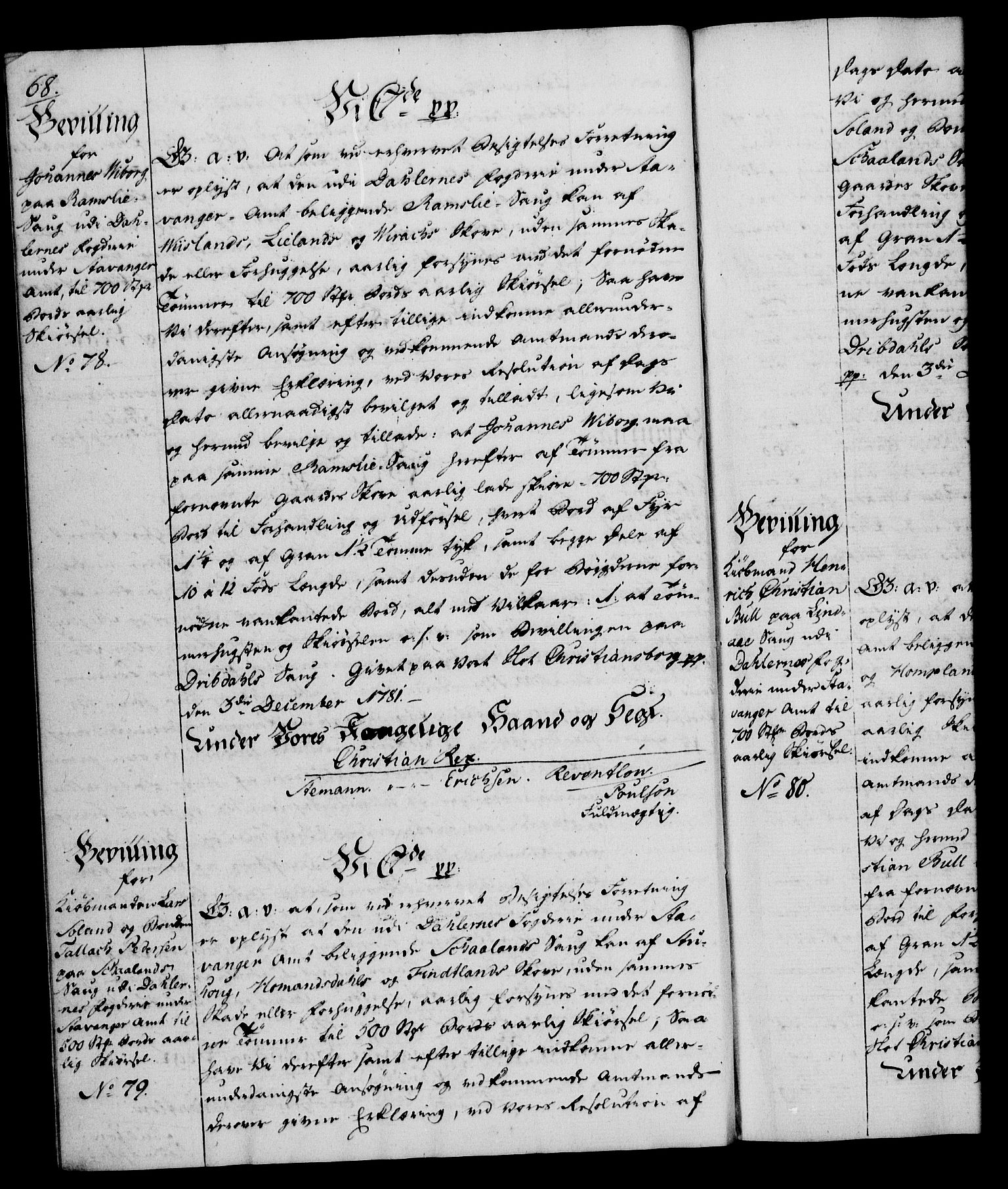 Rentekammeret, Kammerkanselliet, RA/EA-3111/G/Gg/Gga/L0012: Norsk ekspedisjonsprotokoll med register (merket RK 53.12), 1781-1783, p. 68