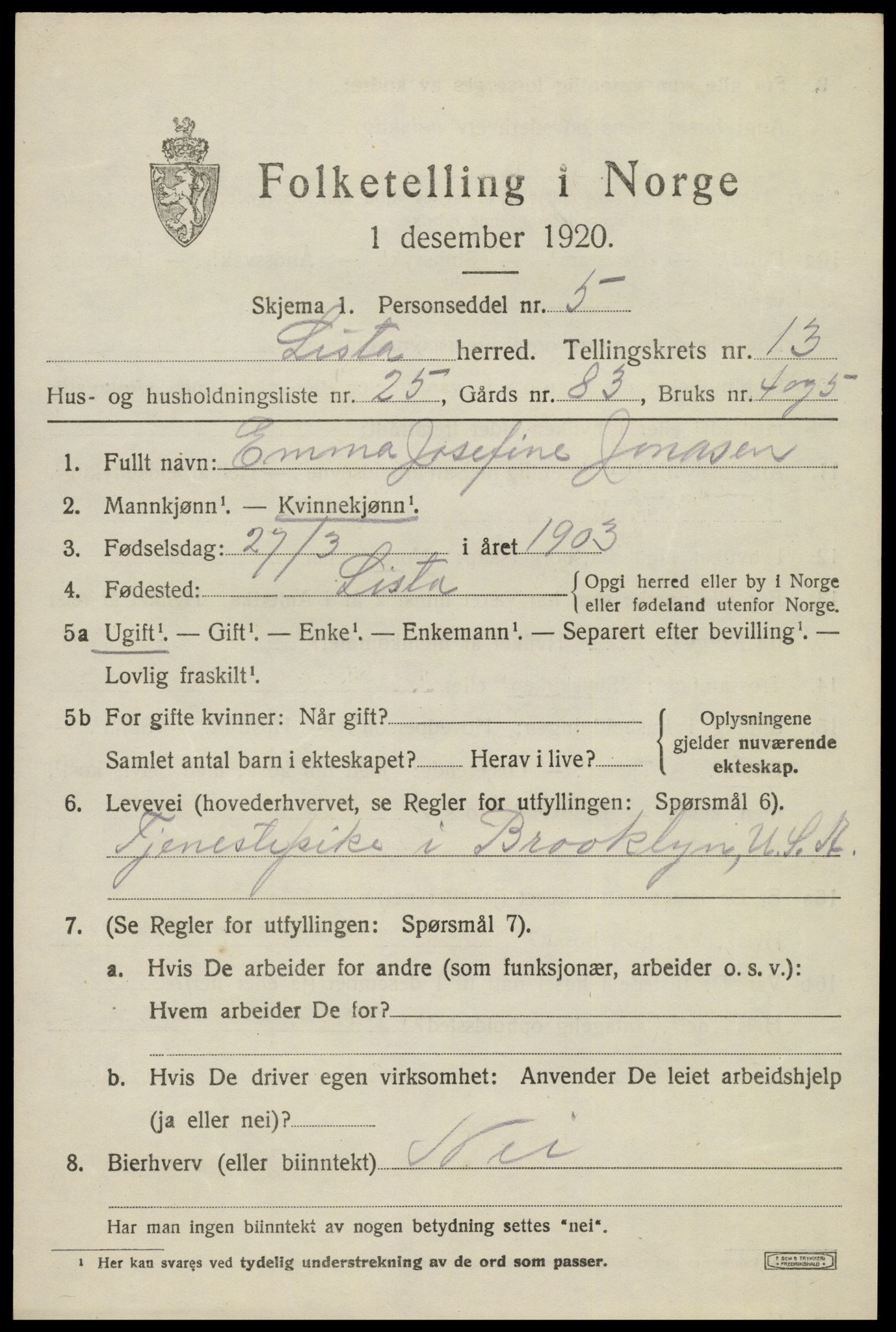 SAK, 1920 census for Lista, 1920, p. 12009