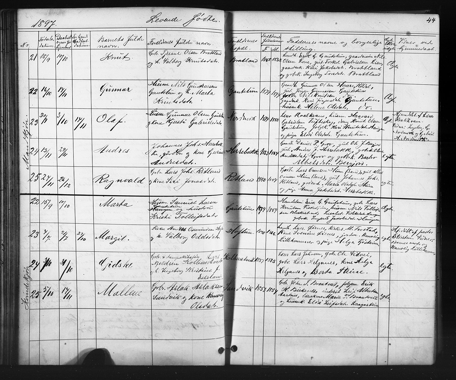 Suldal sokneprestkontor, AV/SAST-A-101845/01/V/L0005: Parish register (copy) no. B 5, 1885-1916, p. 44