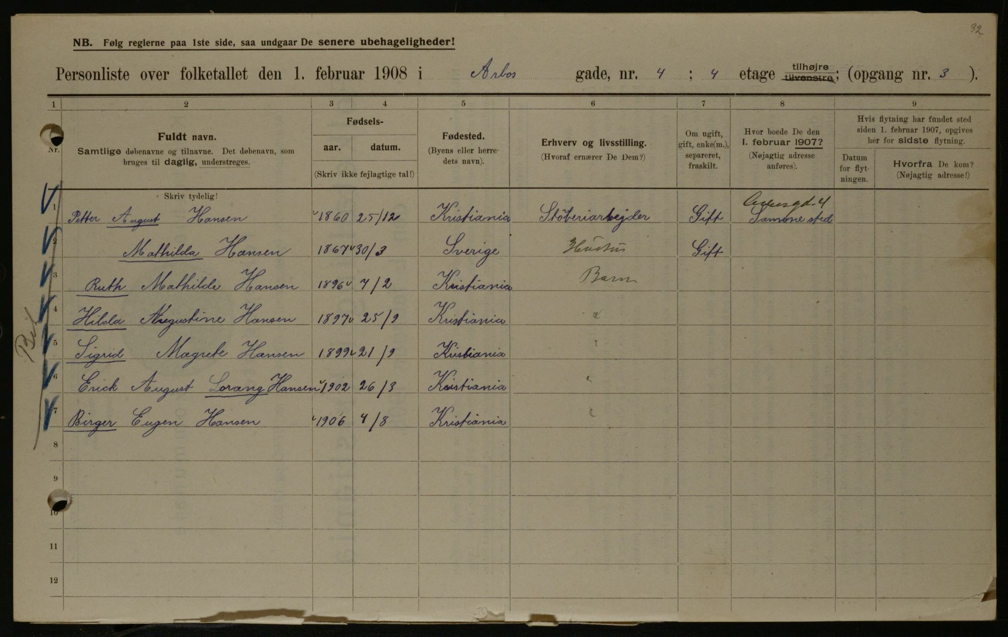 OBA, Municipal Census 1908 for Kristiania, 1908, p. 2102