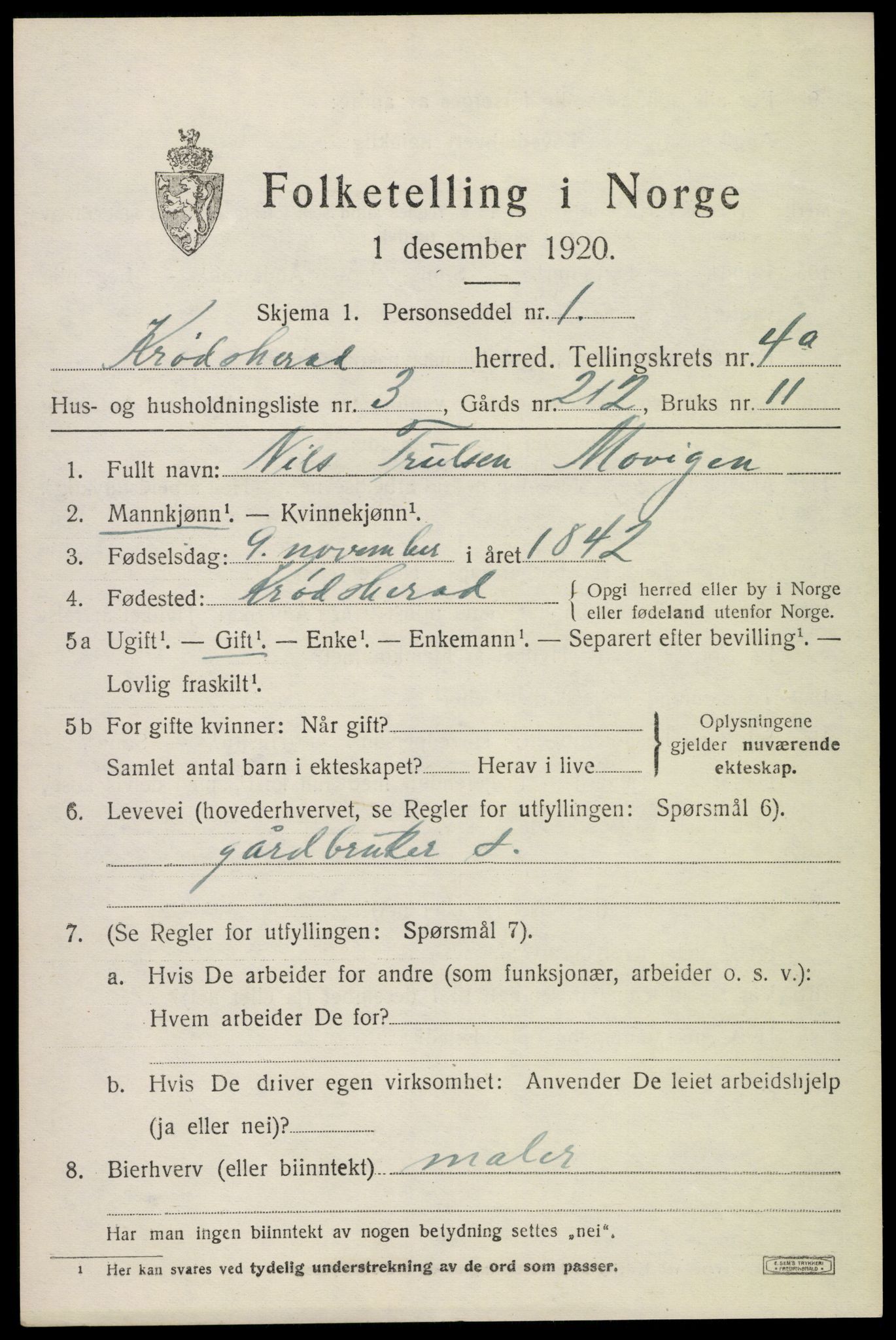 SAKO, 1920 census for Krødsherad, 1920, p. 4569