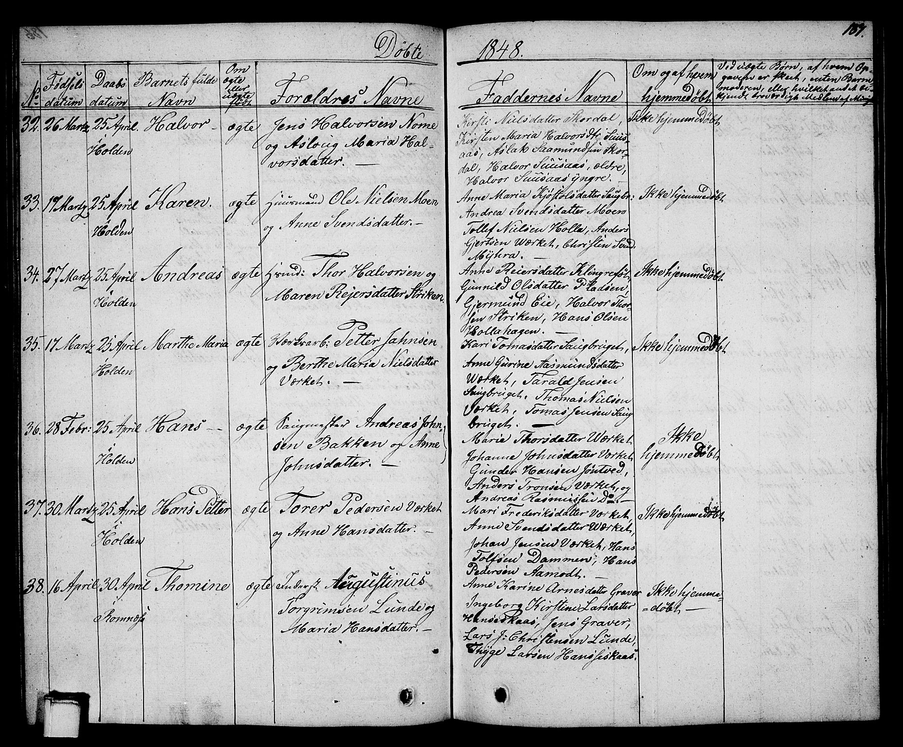 Holla kirkebøker, SAKO/A-272/G/Ga/L0002: Parish register (copy) no. I 2, 1830-1848, p. 187