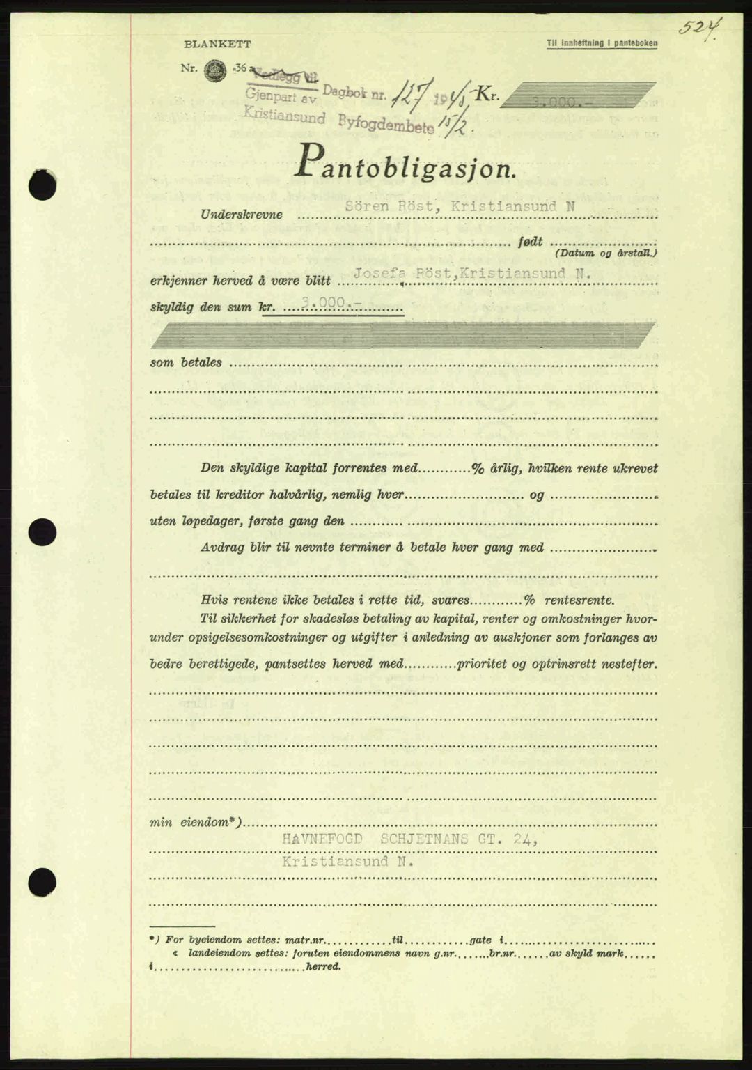 Kristiansund byfogd, SAT/A-4587/A/27: Mortgage book no. 37-38, 1943-1945, Diary no: : 127/1945