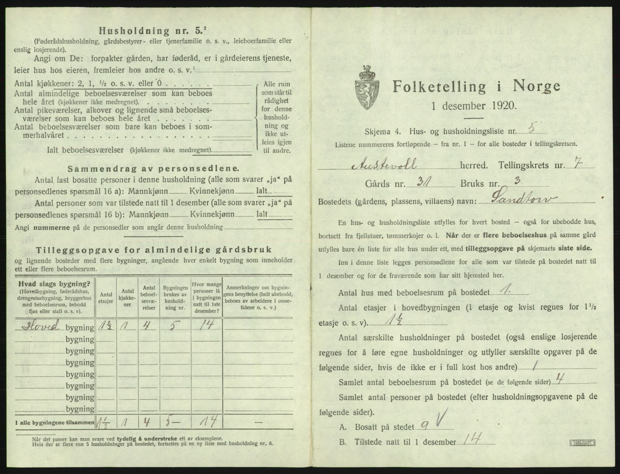 SAB, 1920 census for Austevoll, 1920, p. 461