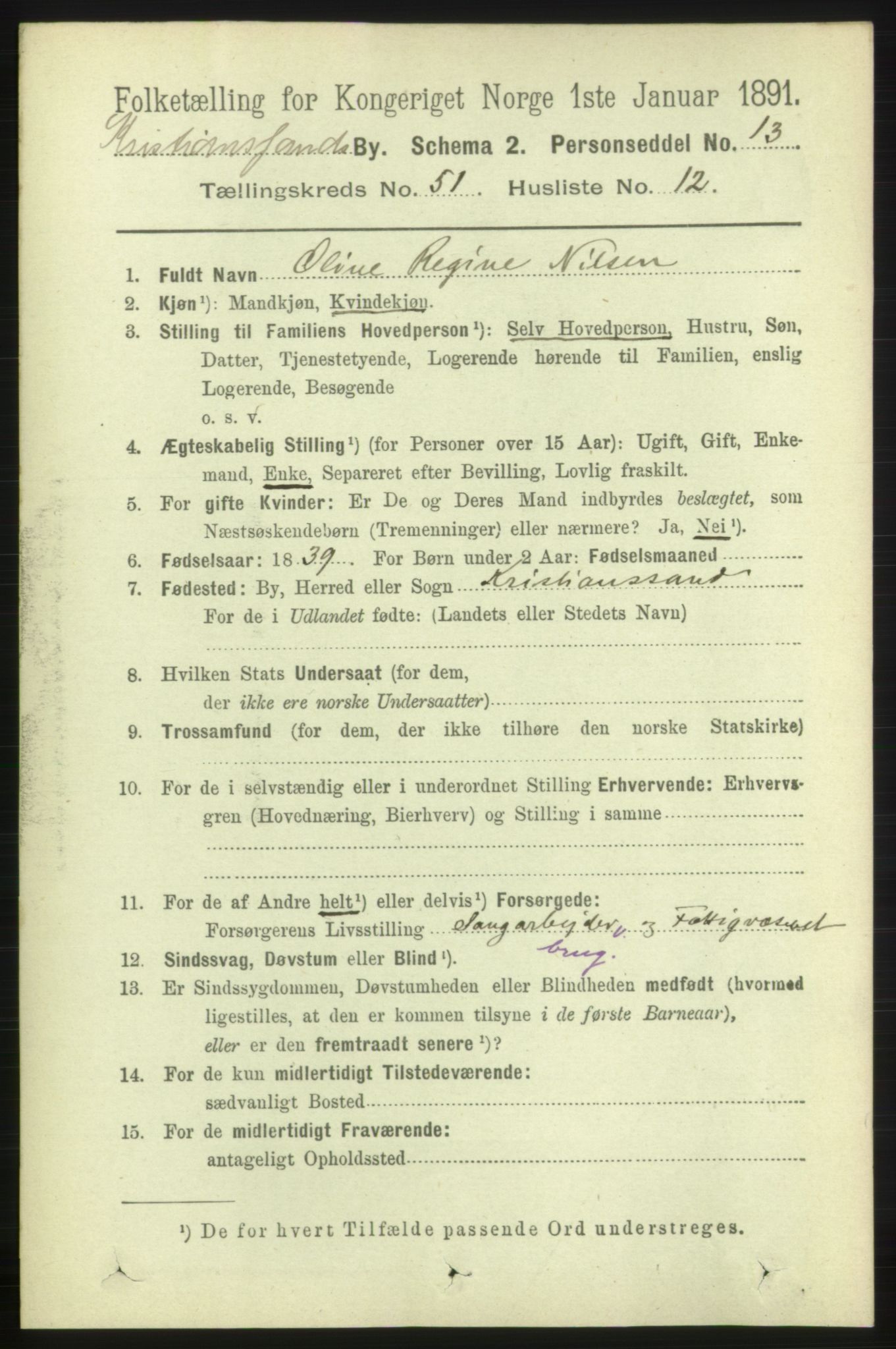 RA, 1891 census for 1001 Kristiansand, 1891, p. 15136